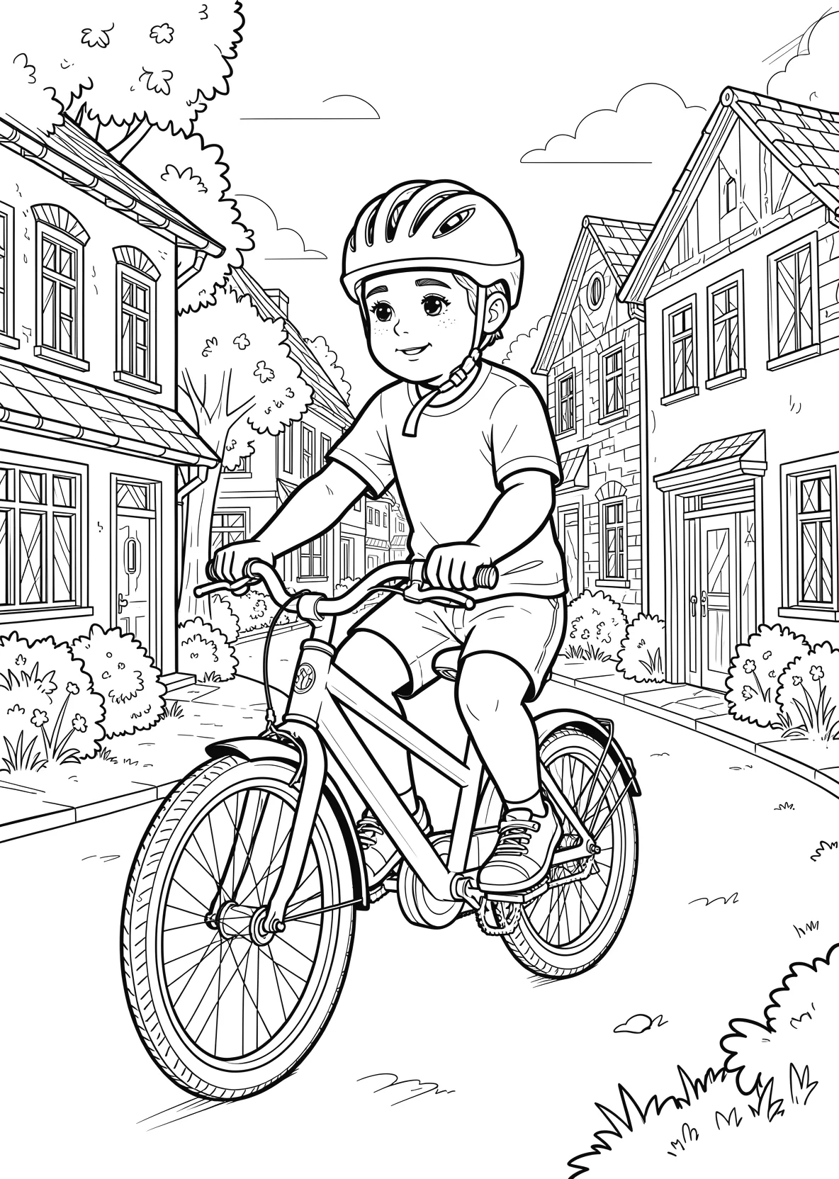 Ausmalbild Kind fährt Fahrrad mit Helm auf einer Straße mit - Ausmalbild aus der Kategorie Fahrzeuge - kostenlos ausdrucken