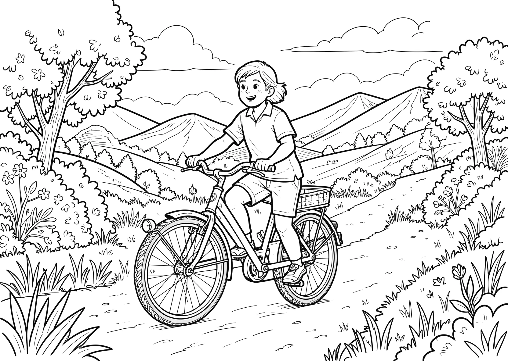 Ausmalbild Kinder machen eine Fahrradtour durch eine - Ausmalbild aus der Kategorie Natur - kostenlos ausdrucken