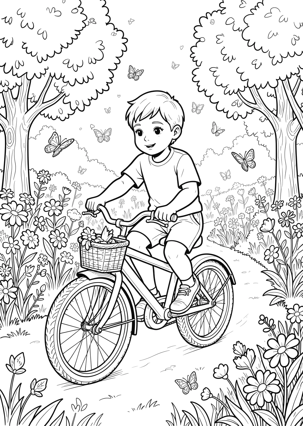 Ausmalbild Kind fährt Fahrrad durch einen Park mit Blumen - Ausmalbild aus der Kategorie Tiere - kostenlos ausdrucken