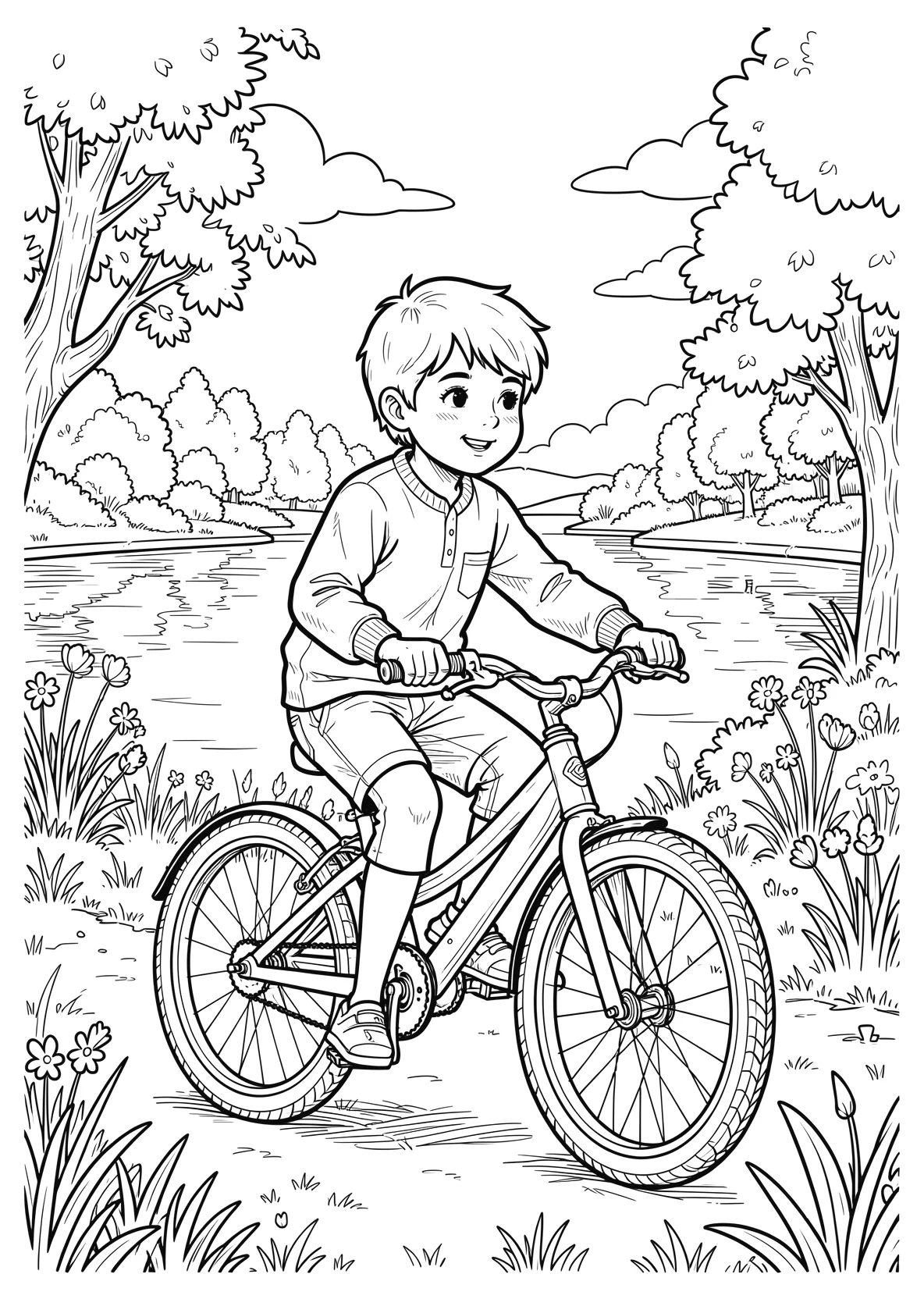 Ausmalbild Kind fährt Fahrrad an einem See mit Bäumen - Ausmalbild aus der Kategorie Natur - kostenlos ausdrucken