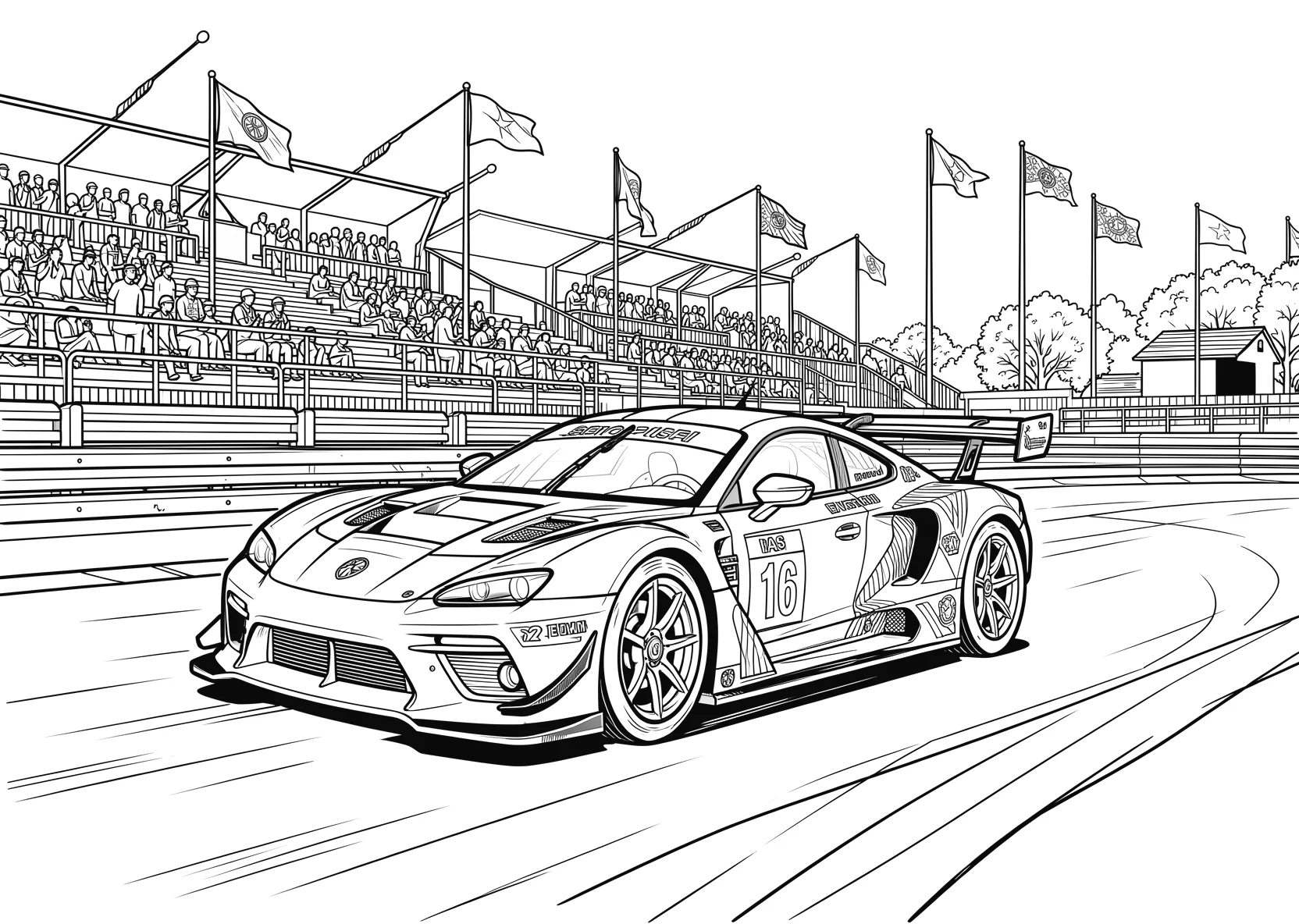 Ausmalbild Rennwagen fährt über eine Rennstrecke mit Tribüne - Ausmalbild aus der Kategorie Fahrzeuge - kostenlos ausdrucken