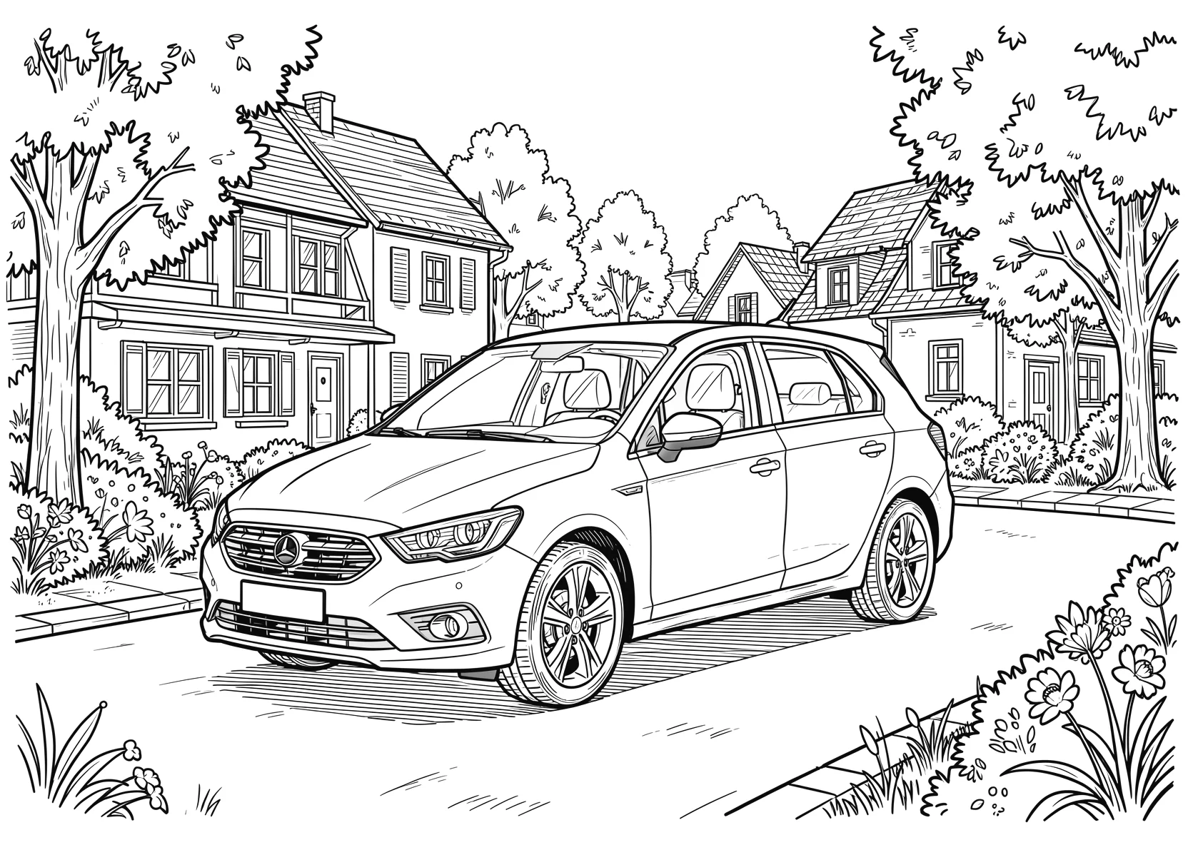 Ausmalbild Familienauto fährt über eine Straße mit Häusern - Ausmalbild aus der Kategorie Fahrzeuge - kostenlos ausdrucken