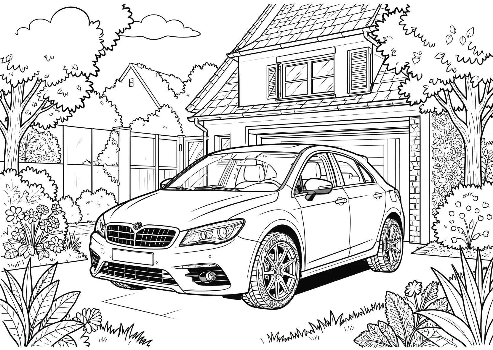 Ausmalbild Auto steht vor einem Haus mit Garage - Ausmalbild aus der Kategorie Fahrzeuge - kostenlos ausdrucken