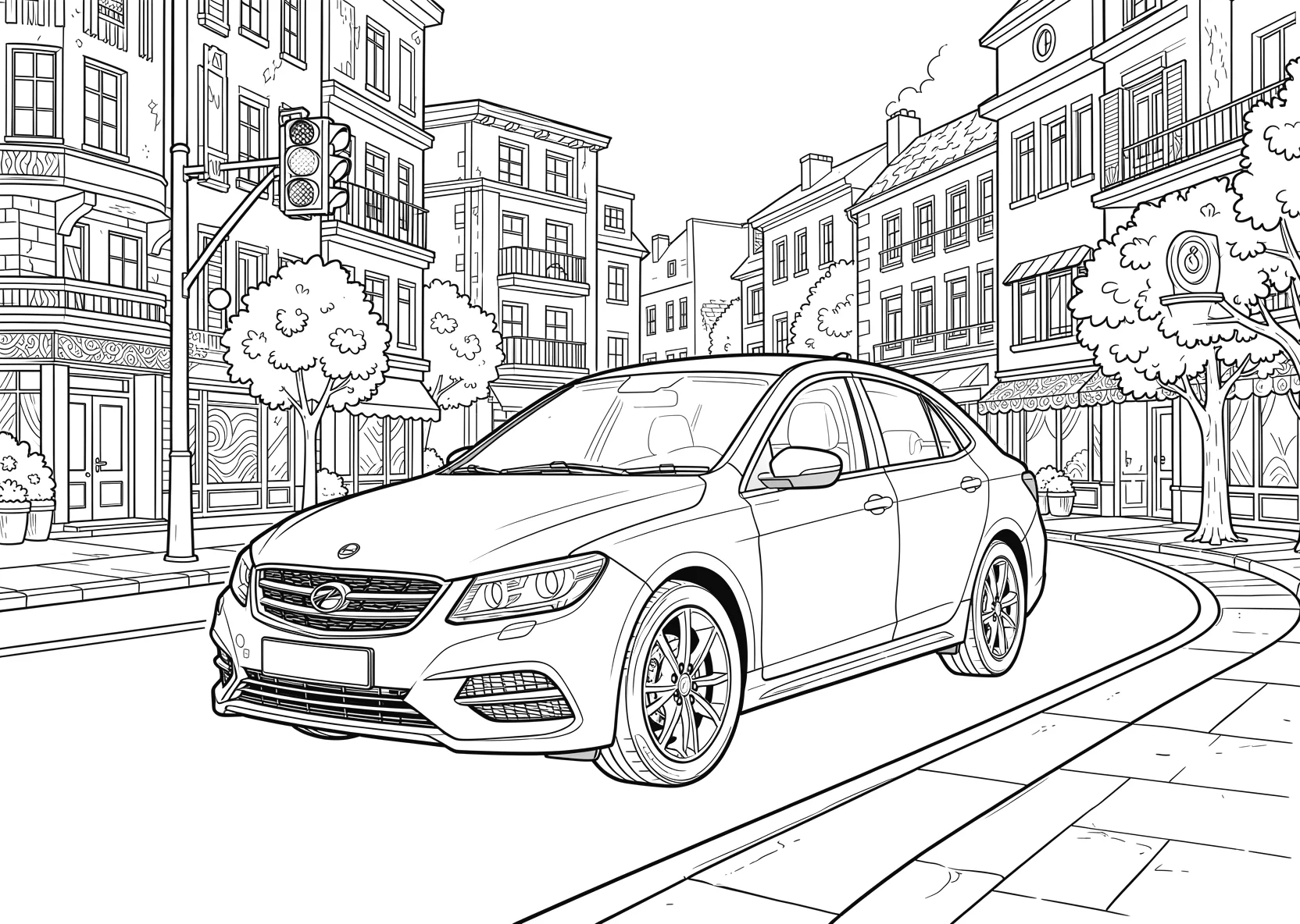 Ausmalbild Auto fährt durch eine Stadtstraße mit Ampel - Ausmalbild aus der Kategorie Fahrzeuge - kostenlos ausdrucken