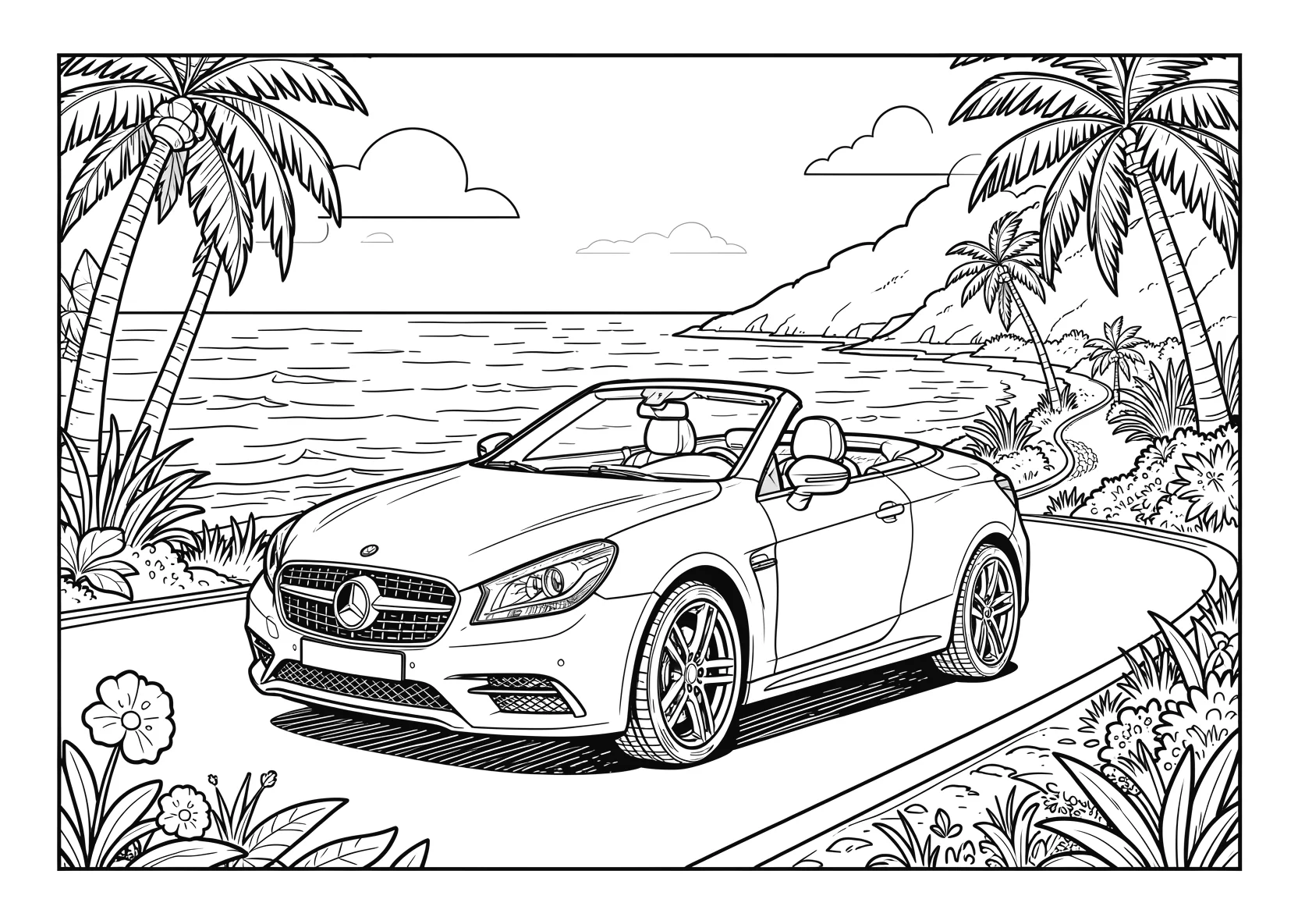 Ausmalbild Cabrio fährt über eine Küstenstraße mit Meer - Ausmalbild aus der Kategorie Fahrzeuge - kostenlos ausdrucken