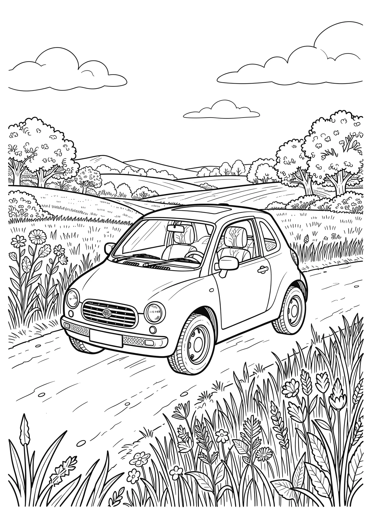 Ausmalbild Kleines Auto fährt über eine Landstraße mit - Ausmalbild aus der Kategorie Fahrzeuge - kostenlos ausdrucken