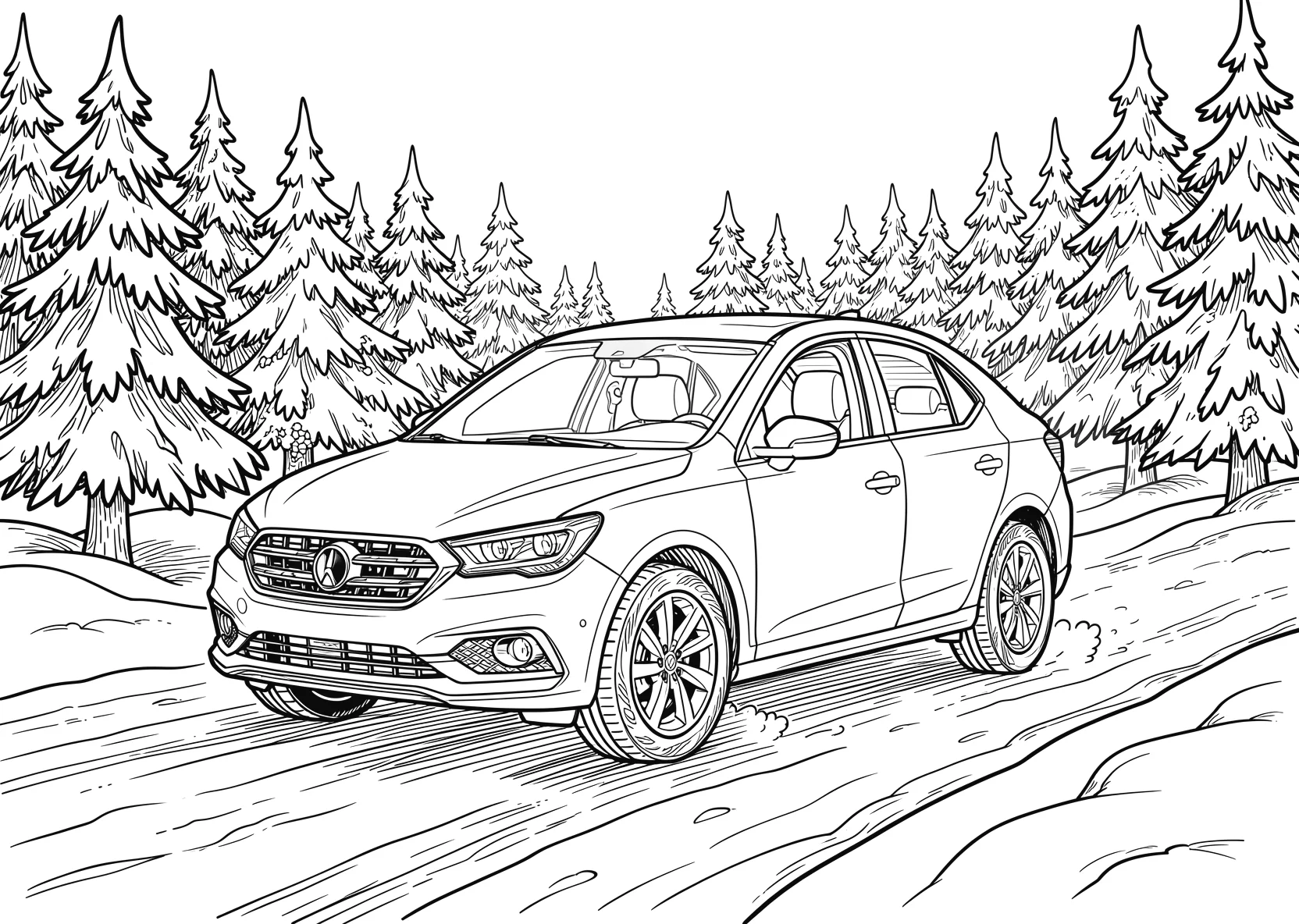 Ausmalbild Auto fährt durch eine verschneite - Ausmalbild aus der Kategorie Natur - kostenlos ausdrucken