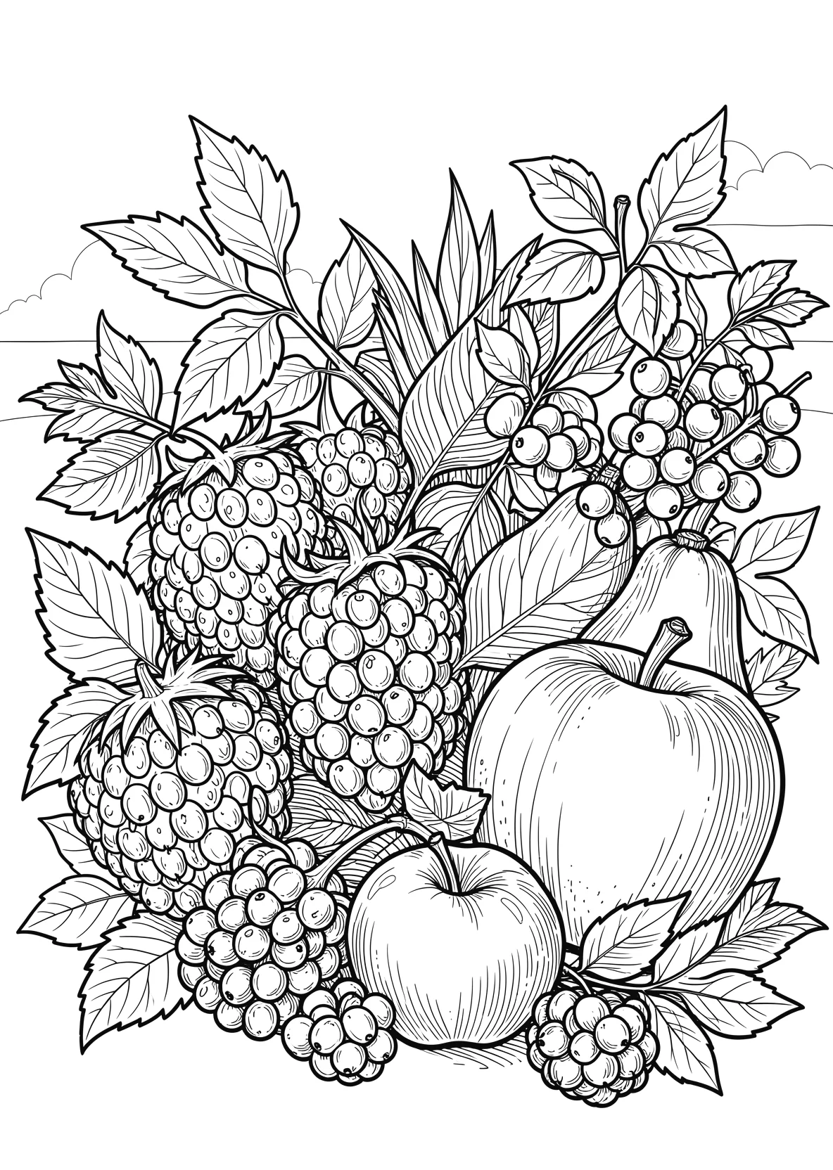Ausmalbild Sammlung an Obst und Beerenfrüchten: Erdbeeren - Ausmalbild aus der Kategorie Essen - kostenlos ausdrucken