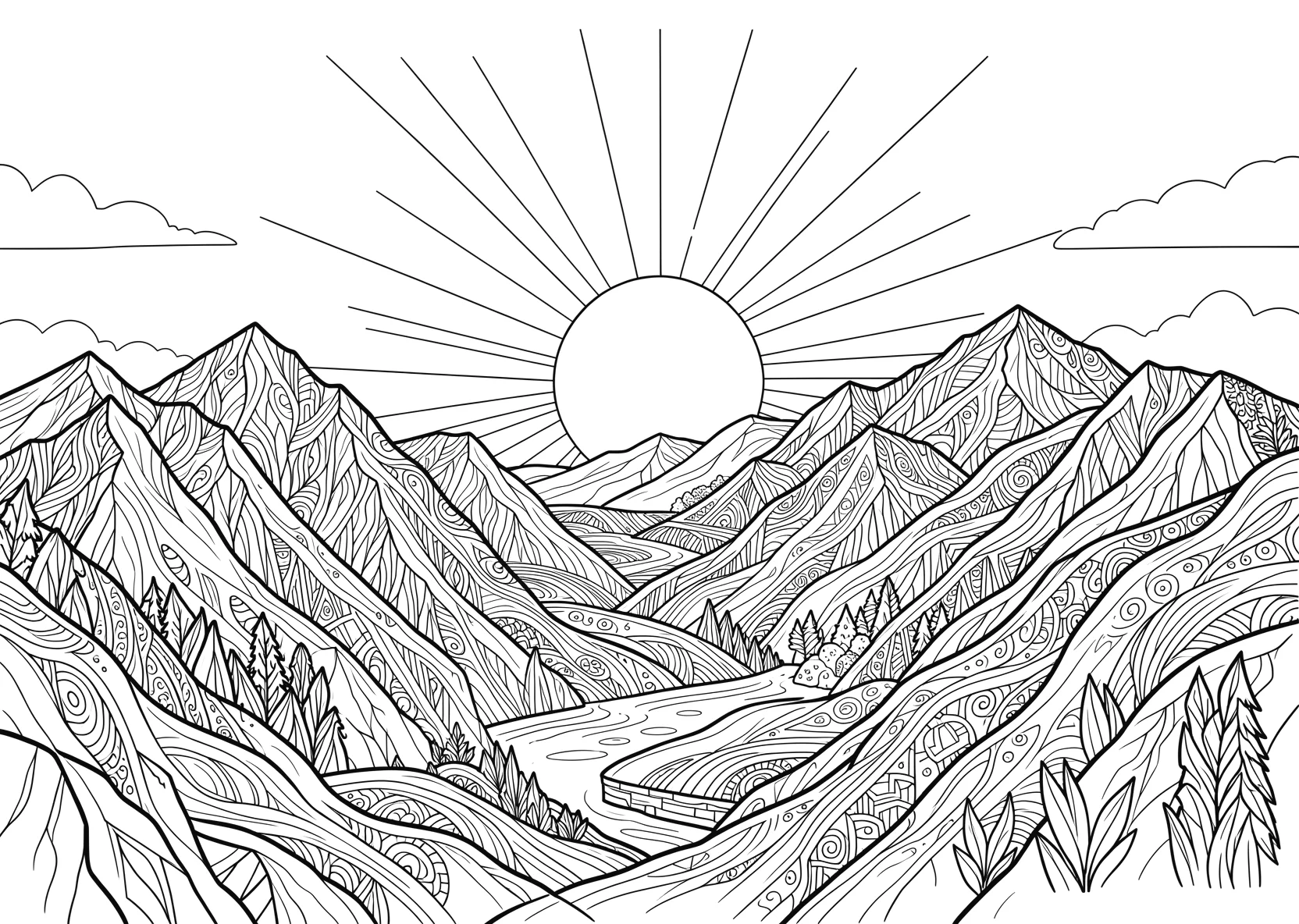 Ausmalbild Im HIntergrund ein sonnenaufgang mit Bergen im - Ausmalbild aus der Kategorie Natur - kostenlos ausdrucken