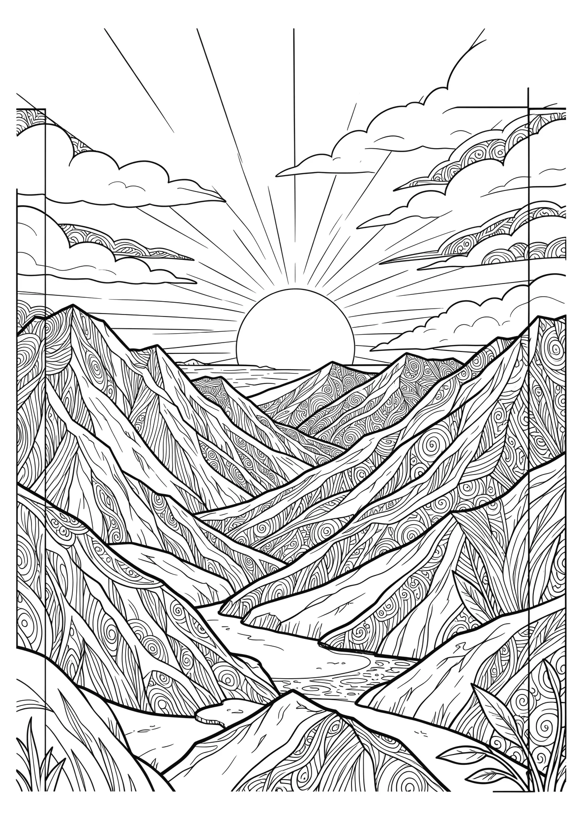 Ausmalbild Im HIntergrund ein sonnenuntergang mit Bergen im - Ausmalbild aus der Kategorie Natur - kostenlos ausdrucken