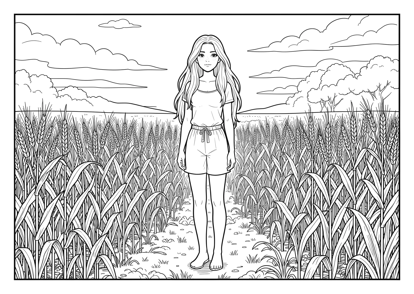 Ausmalbild Kornfeld auf dem ein Mädchen mit langen Haaren - Ausmalbild aus der Kategorie Natur - kostenlos ausdrucken