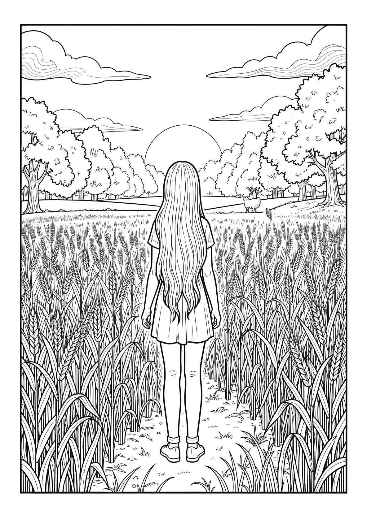 Ausmalbild Kornfeld auf dem ein Mädchen mit langen Haaren - Ausmalbild aus der Kategorie Natur - kostenlos ausdrucken