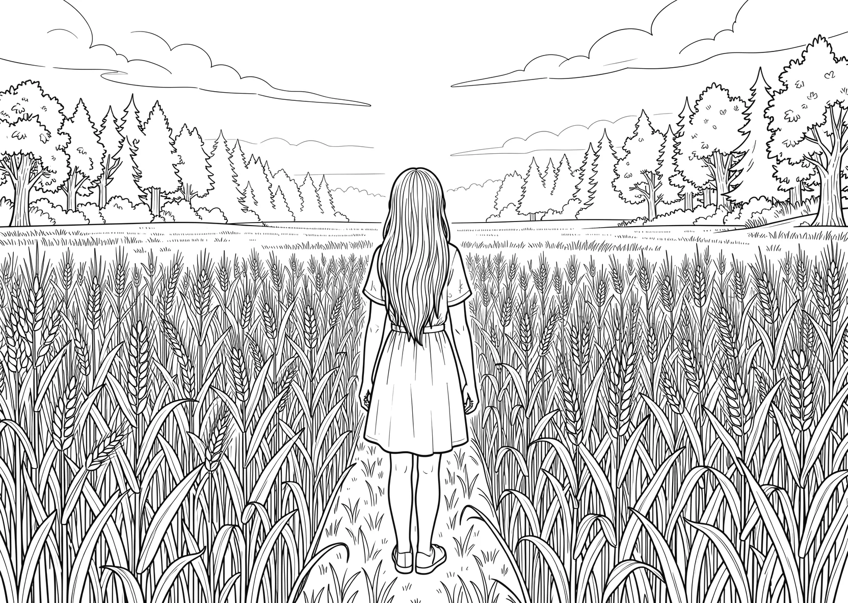 Ausmalbild Kornfeld auf dem ein Mädchen mit langen Haaren - Ausmalbild aus der Kategorie Natur - kostenlos ausdrucken