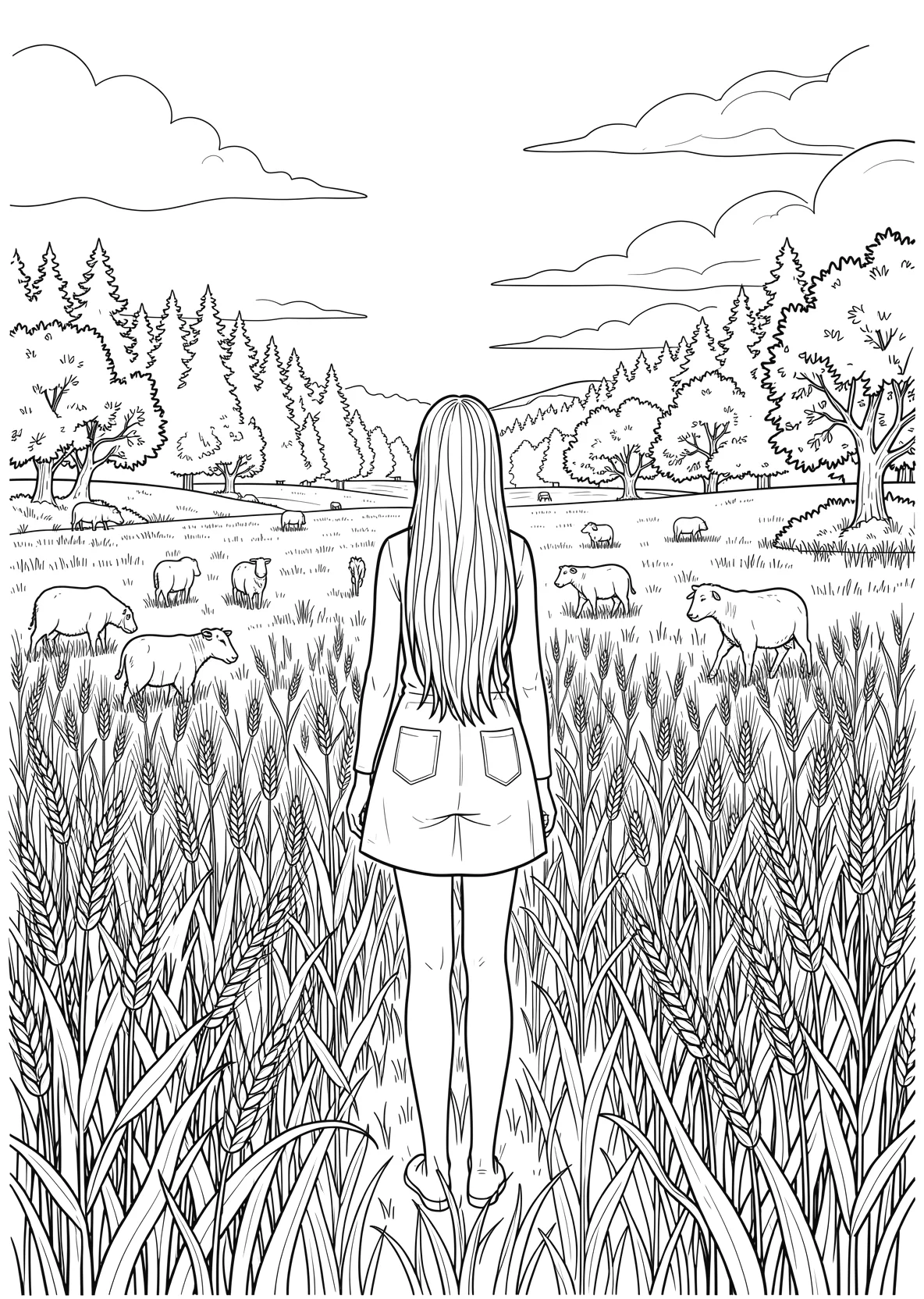 Ausmalbild Kornfeld auf dem ein Mädchen mit langen Haaren - Ausmalbild aus der Kategorie Natur - kostenlos ausdrucken