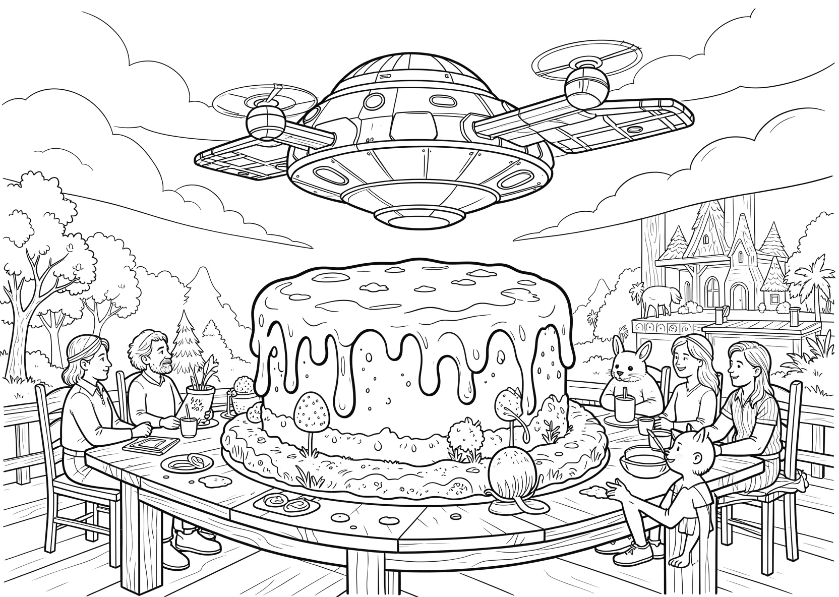 Ausmalbild UFO fliegt durch einen riesigen Wackelpudding - Ausmalbild aus der Kategorie Fahrzeuge - kostenlos ausdrucken
