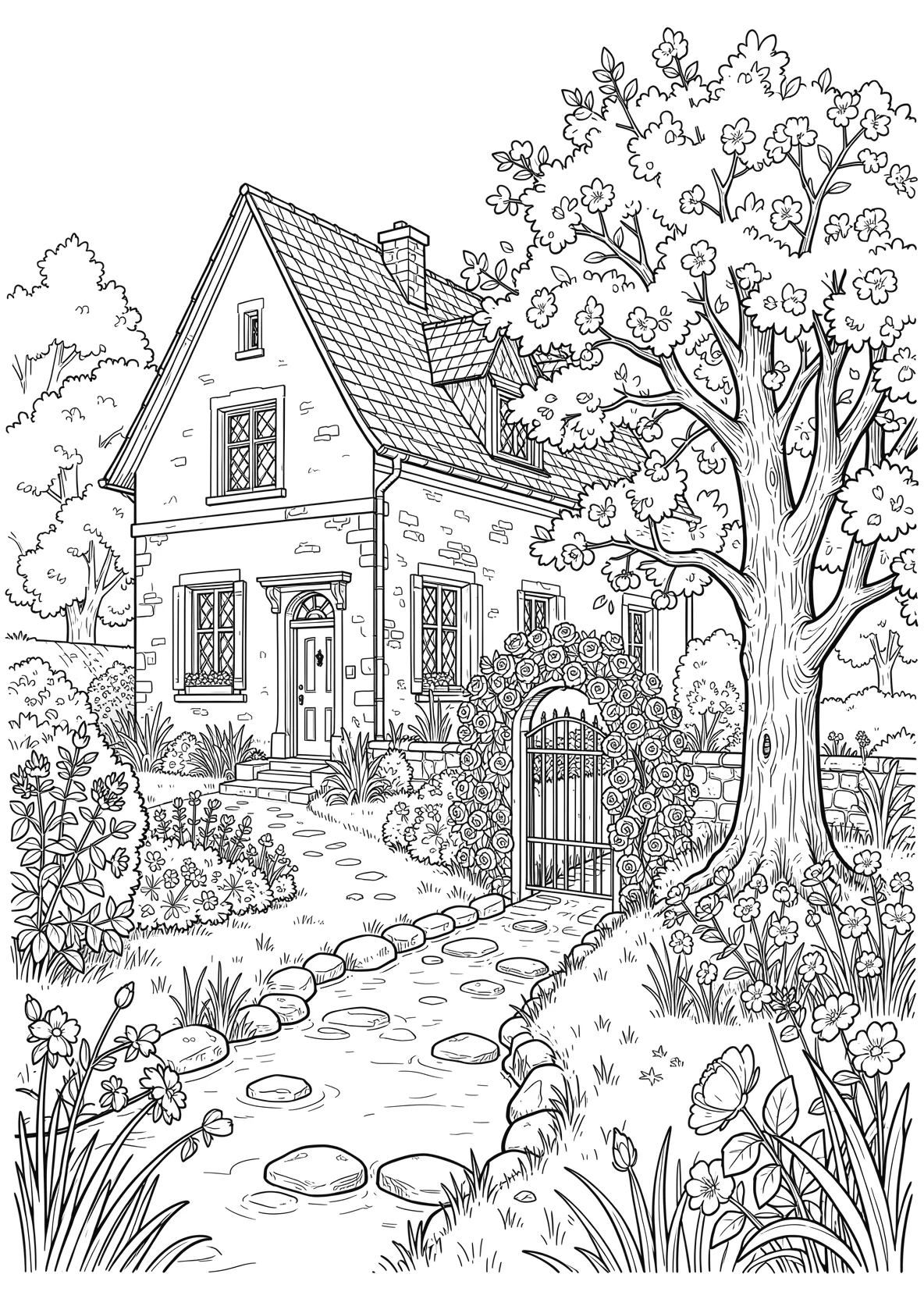 Ausmalbild Alte kleinen guterhaltene Villa mit einem schönem - Ausmalbild aus der Kategorie Natur - kostenlos ausdrucken