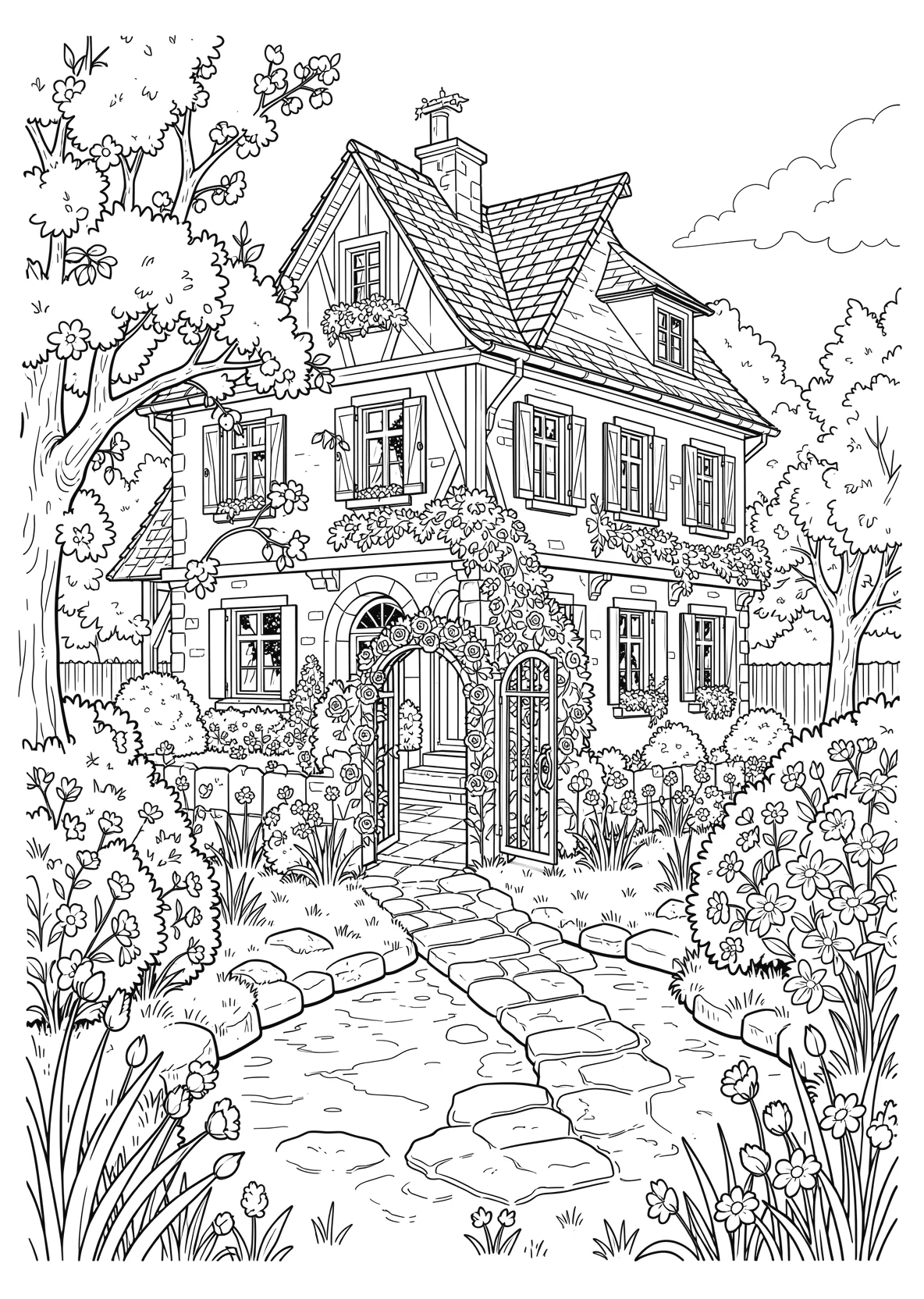 Ausmalbild Alte guterhaltene Villa mit einem schönem Garten  - Ausmalbild aus der Kategorie Natur - kostenlos ausdrucken