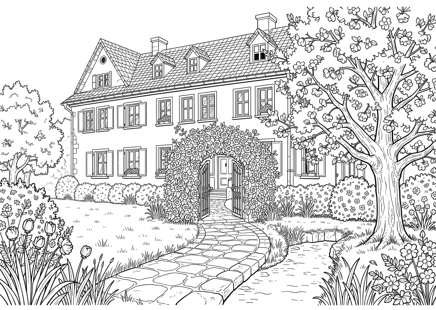 Ausmalbild Alte guterhaltene Villa mit einem schönem Garten  - Ausmalbild aus der Kategorie Natur - kostenlos ausdrucken