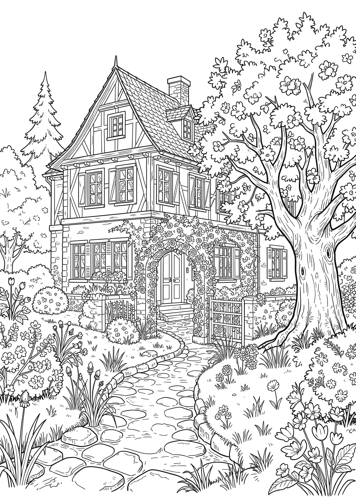 Ausmalbild Alte guterhaltene Villa mit einem schönem Garten  - Ausmalbild aus der Kategorie Natur - kostenlos ausdrucken