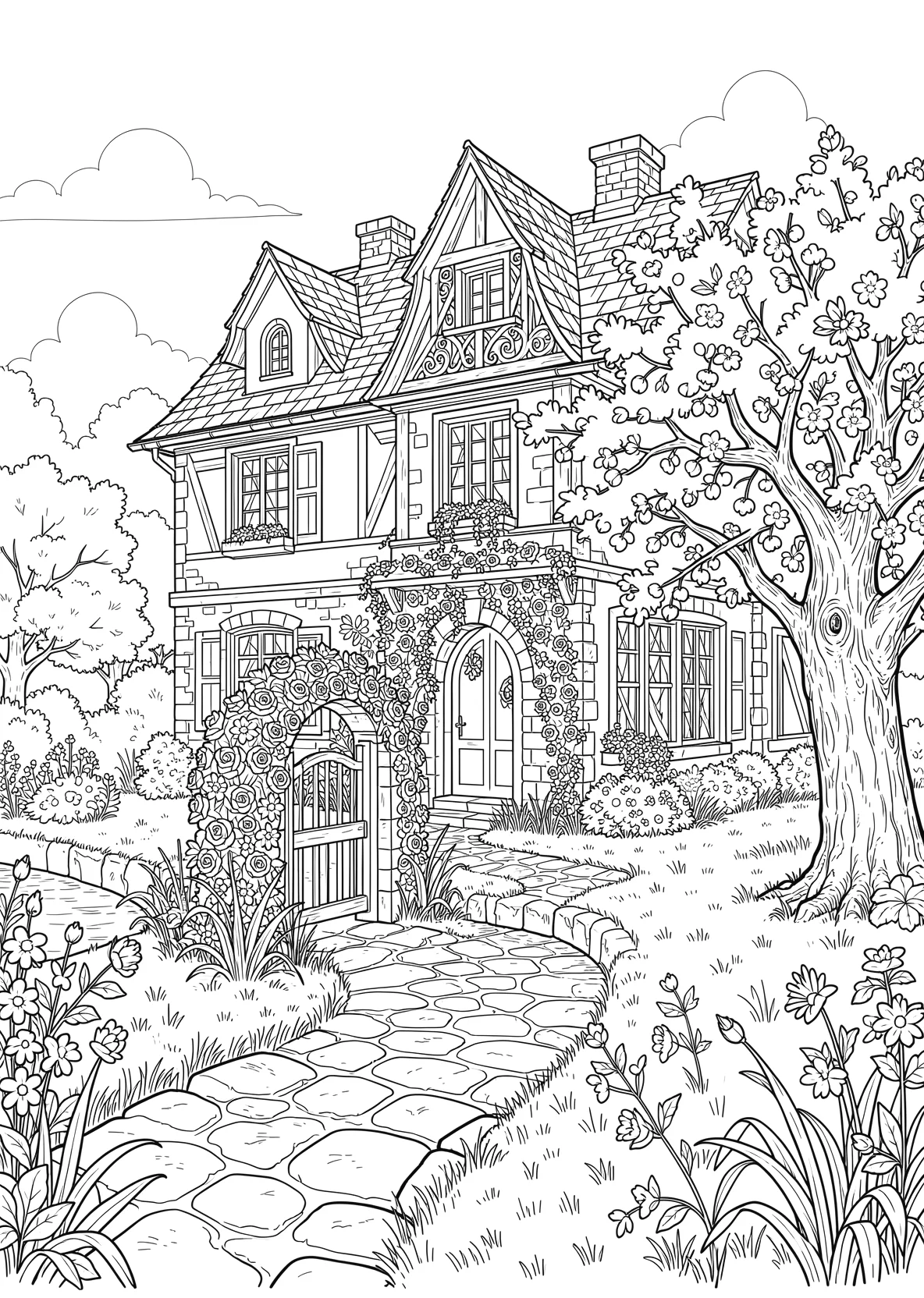 Ausmalbild Alte guterhaltene Villa mit einem schönem Garten  - Ausmalbild aus der Kategorie Natur - kostenlos ausdrucken