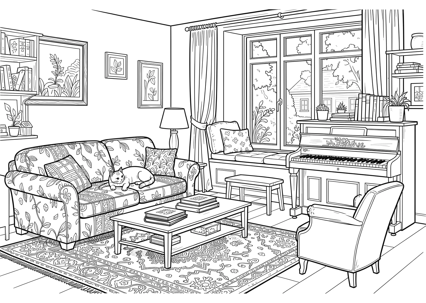 Ausmalbild Großes Wohnzimmer mit einem Sofa einer Lampe ein - Ausmalbild aus der Kategorie Tiere - kostenlos ausdrucken