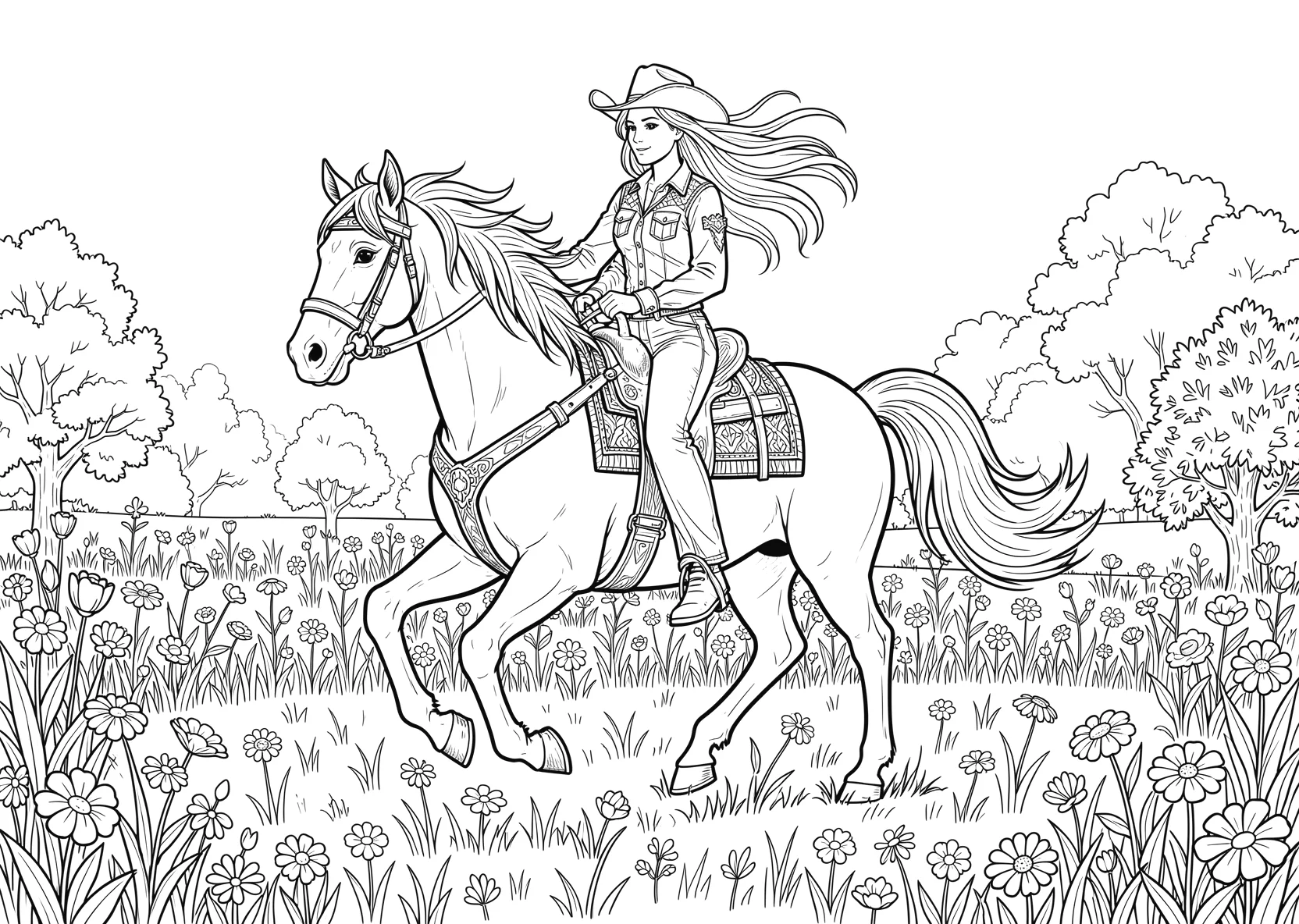 Ausmalbild Pferd das auf einer Blumenwiese galoppiert auf - Ausmalbild aus der Kategorie Tiere - kostenlos ausdrucken