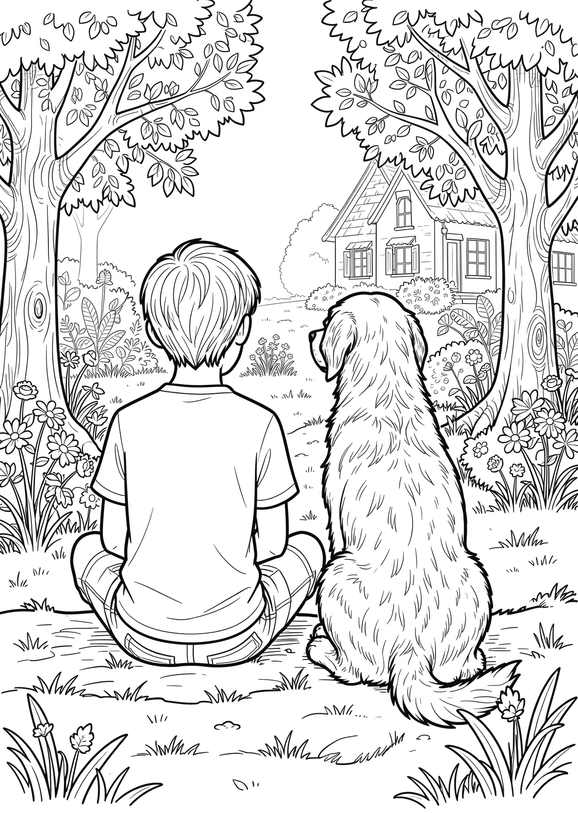 Ausmalbild 11 jährigen jungen mir einem Hund - Ausmalbild aus der Kategorie Tiere - kostenlos ausdrucken