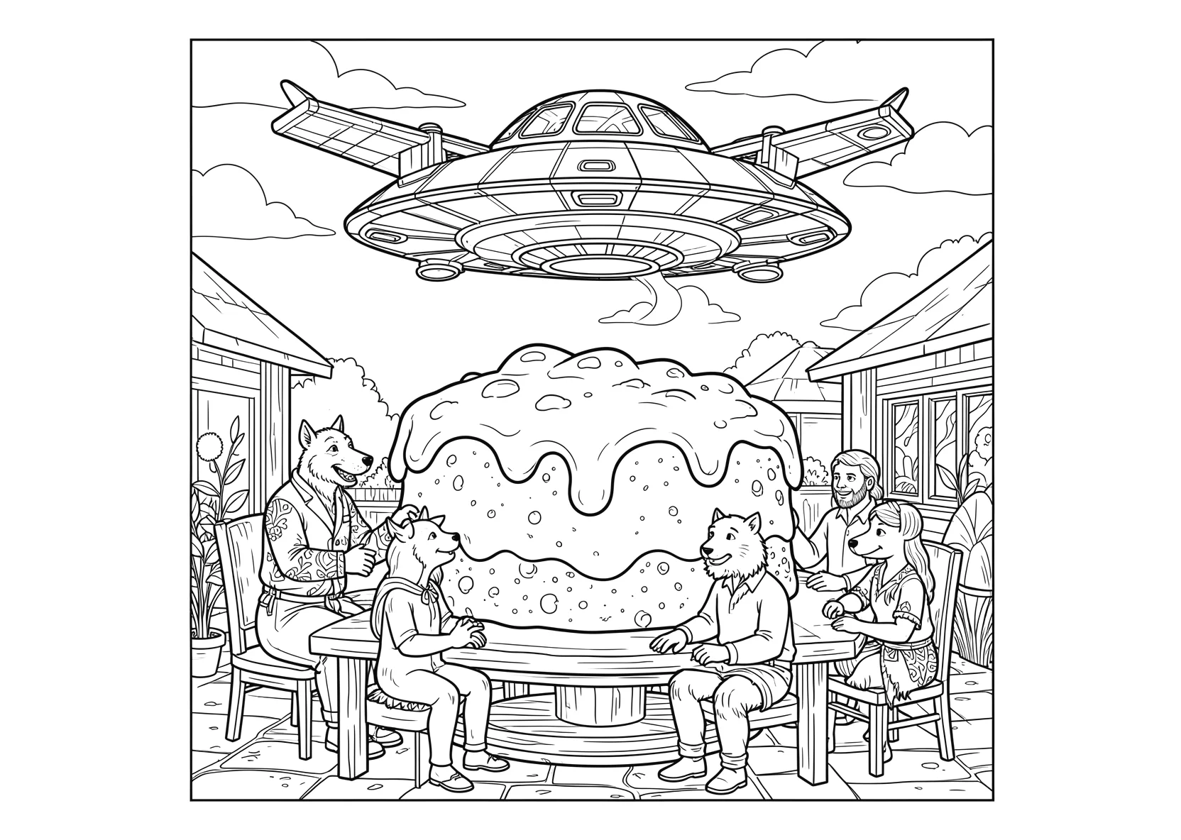 Ausmalbild UFO fliegt durch einen riesigen Wackelpudding - Ausmalbild aus der Kategorie Fahrzeuge - kostenlos ausdrucken