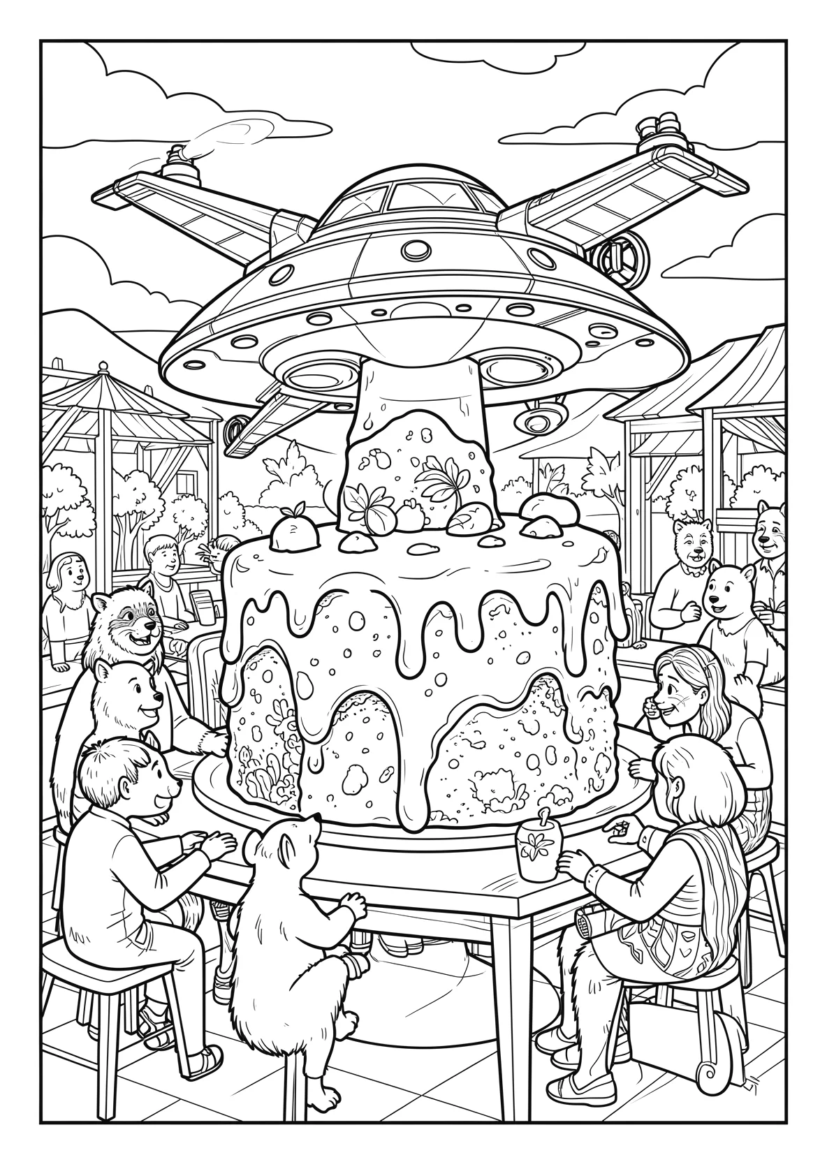 Ausmalbild UFO fliegt mitten durch einen riesigen - Ausmalbild aus der Kategorie Fahrzeuge - kostenlos ausdrucken