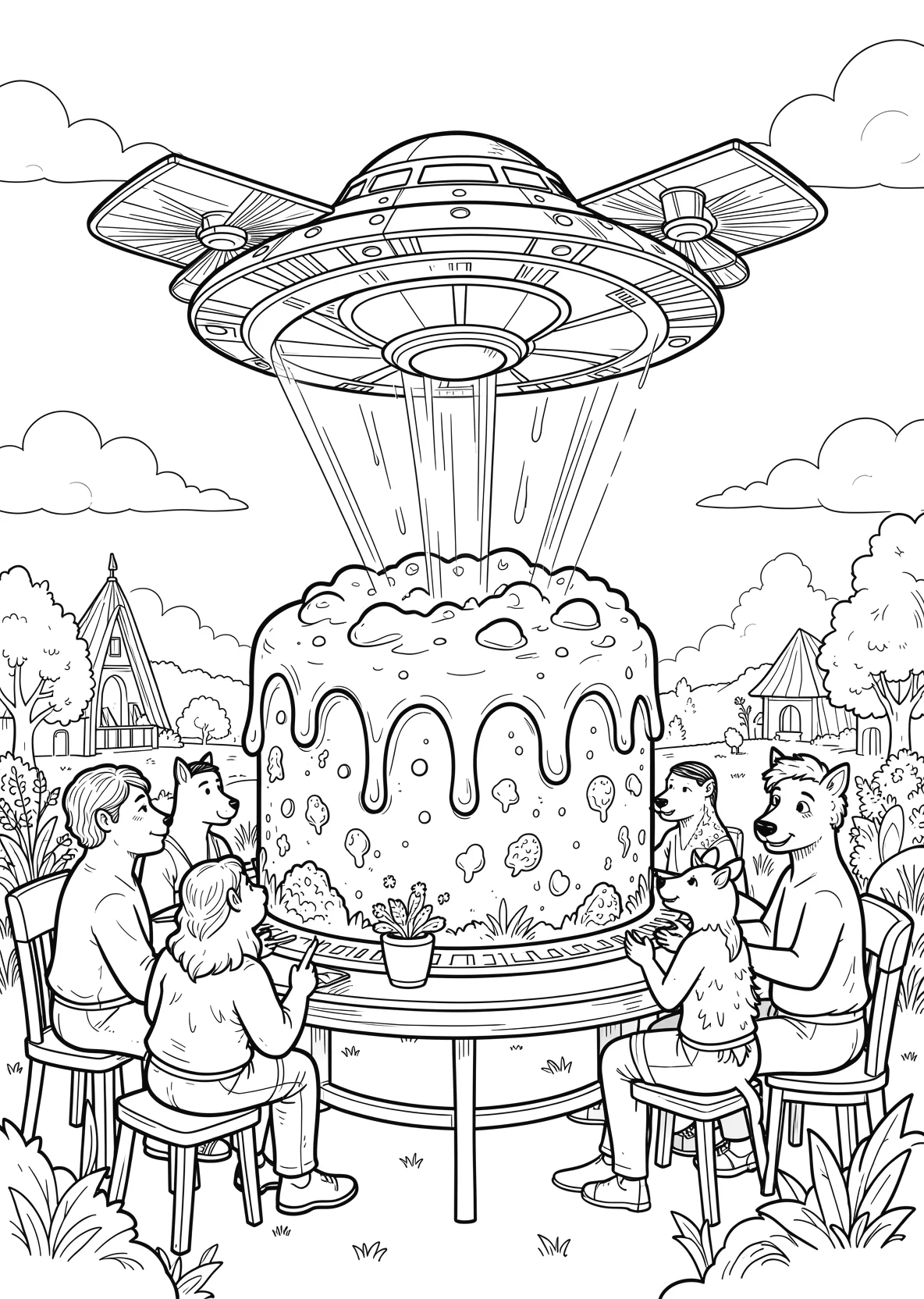 Ausmalbild UFO fliegt in einen riesigen Wackelpudding hinein - Ausmalbild aus der Kategorie Fahrzeuge - kostenlos ausdrucken