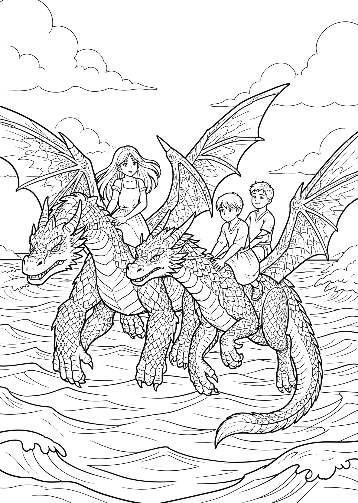 Ausmalbild Zwei große Drachen fliegen nebeneinander über dem - Ausmalbild aus der Kategorie Maerchen - kostenlos ausdrucken