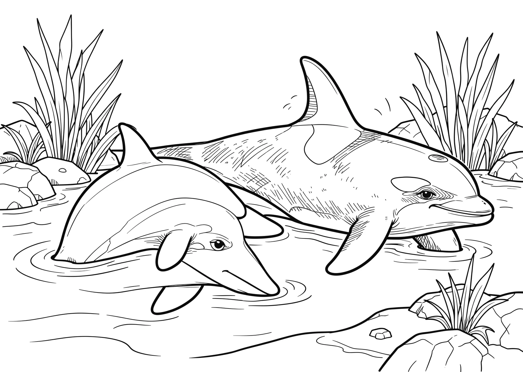 Ausmalbild Freundlicher Delfin - Ausmalbild aus der Kategorie Tiere - kostenlos ausdrucken