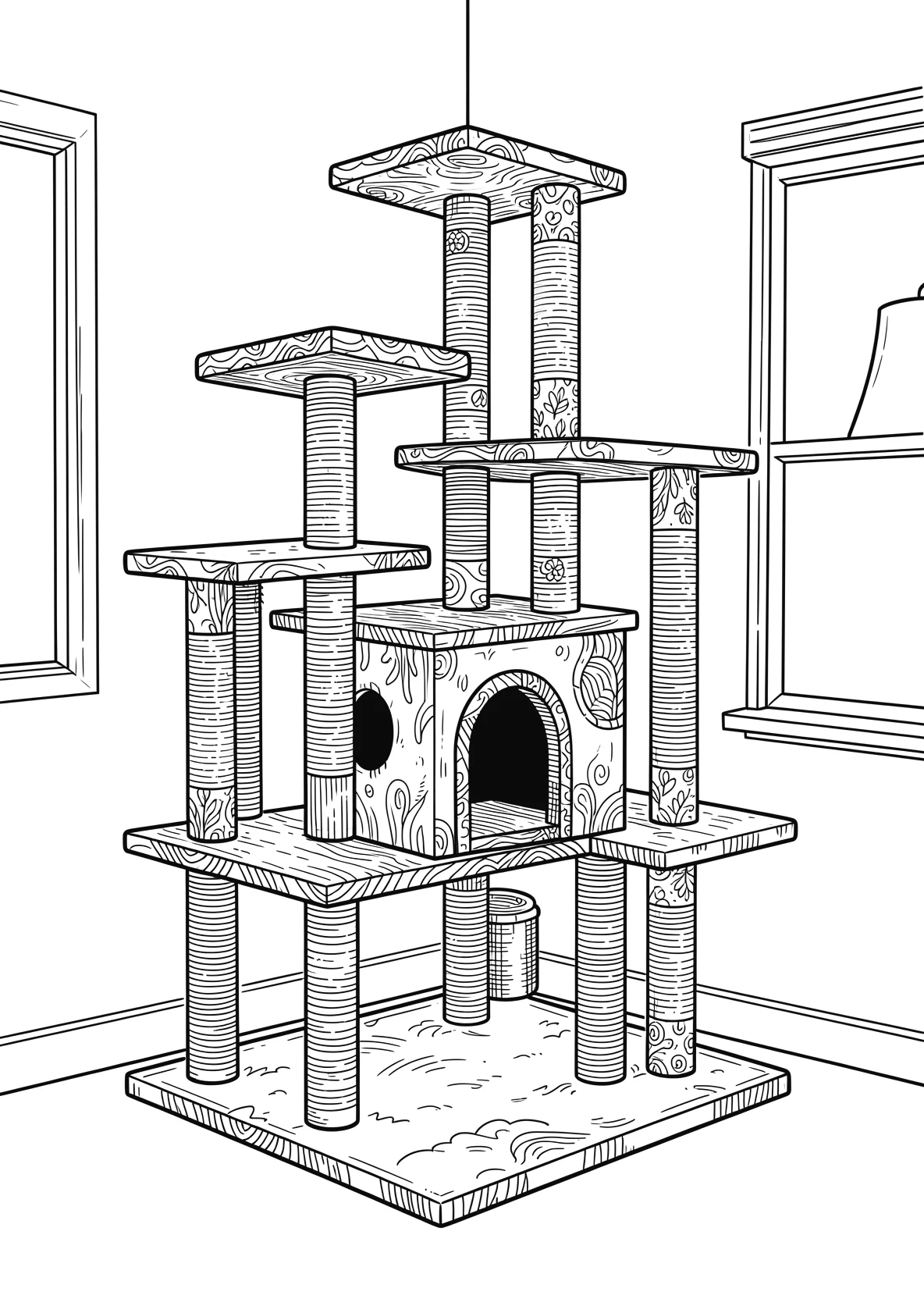 Ausmalbild Mehrstöckiger Katzenbaum in der Ecke eines - Ausmalbild aus der Kategorie Tiere - kostenlos ausdrucken