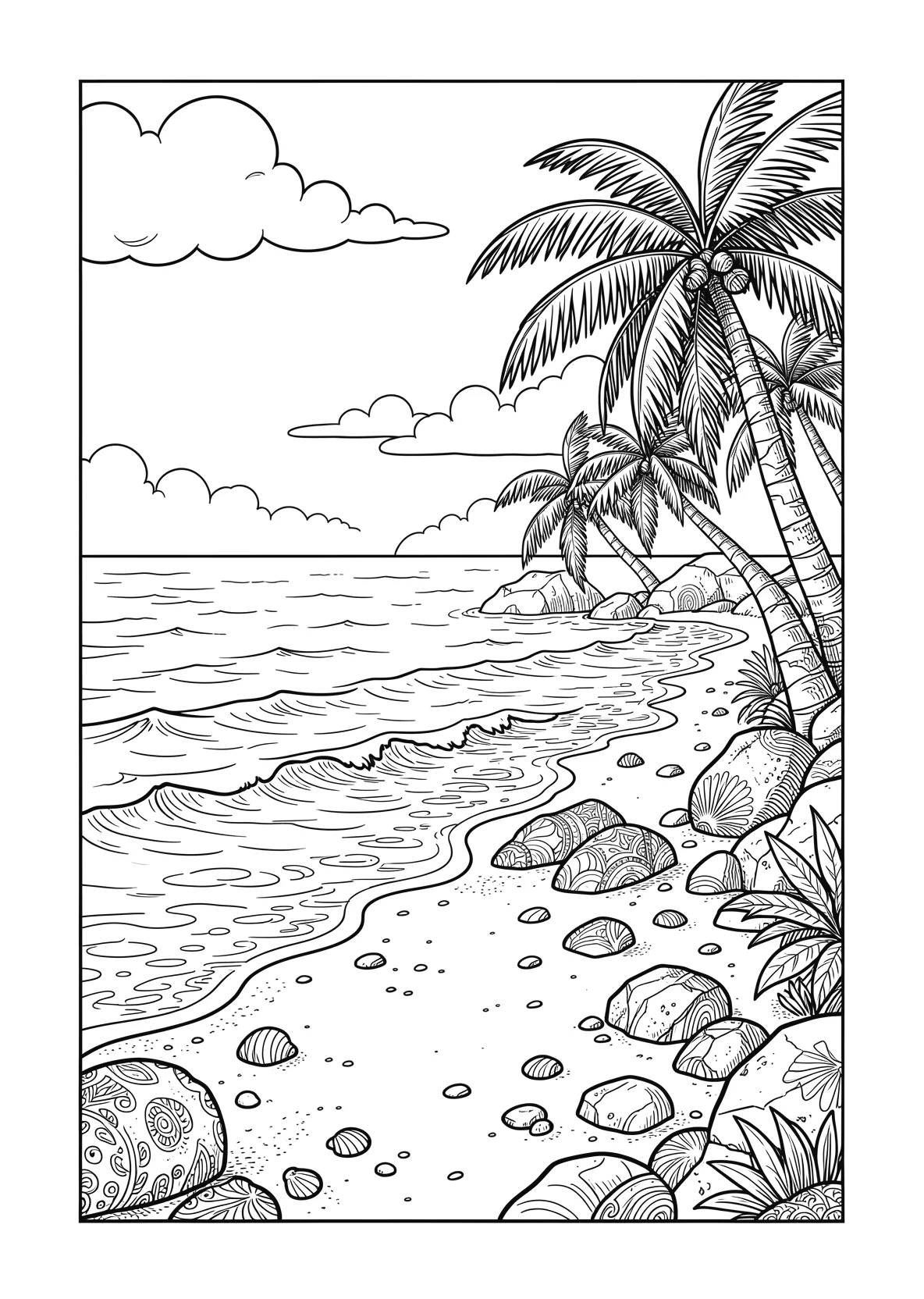 Ausmalbild Strand mit mehreren Palmen im Hintergrund - Ausmalbild aus der Kategorie Natur - kostenlos ausdrucken