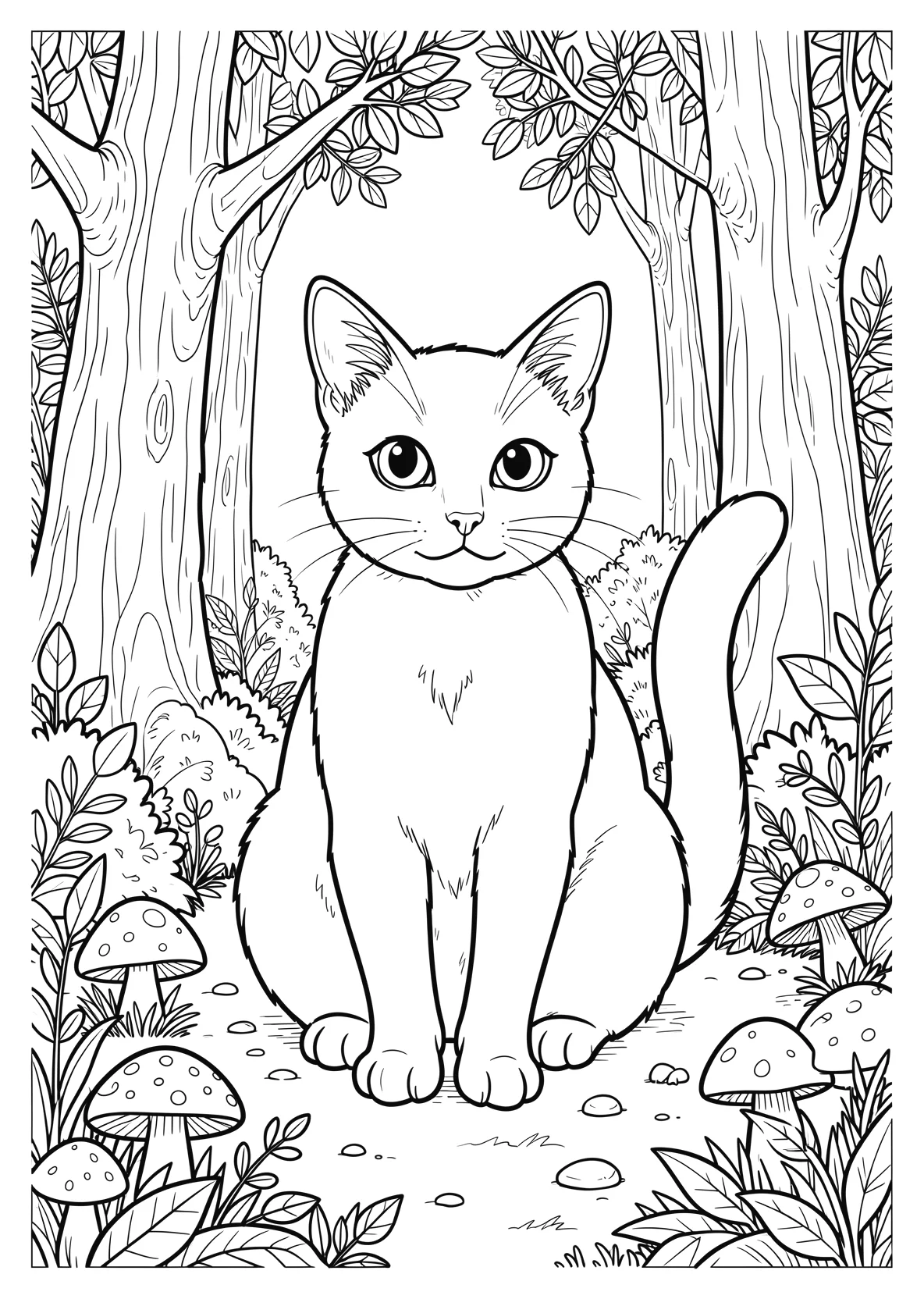 Ausmalbild Sitzende Katze mit aufgerichtetem Schwanz im Wald - Ausmalbild aus der Kategorie Tiere - kostenlos ausdrucken