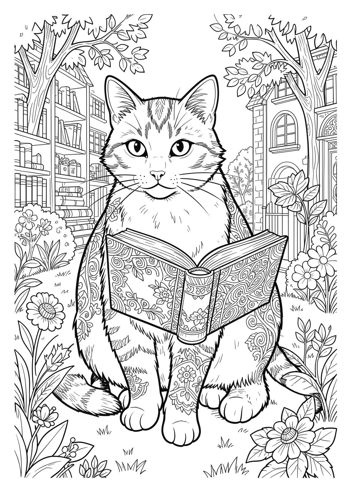Ausmalbild Katze mit buch - Ausmalbild aus der Kategorie Tiere - kostenlos ausdrucken
