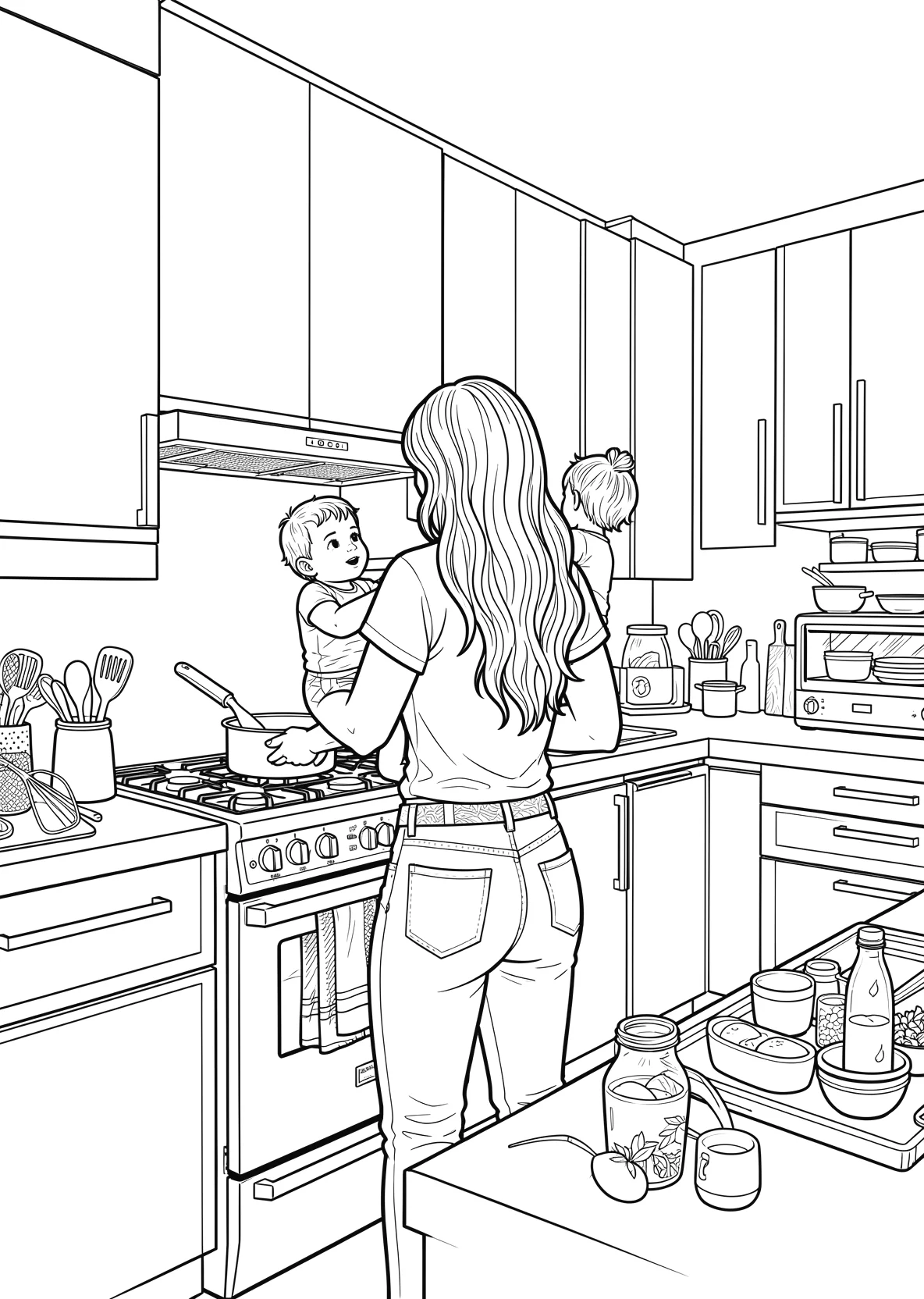 Ausmalbild Frau mit langen welligen Haaren steht in einer - Ausmalbild aus der Kategorie Essen - kostenlos ausdrucken