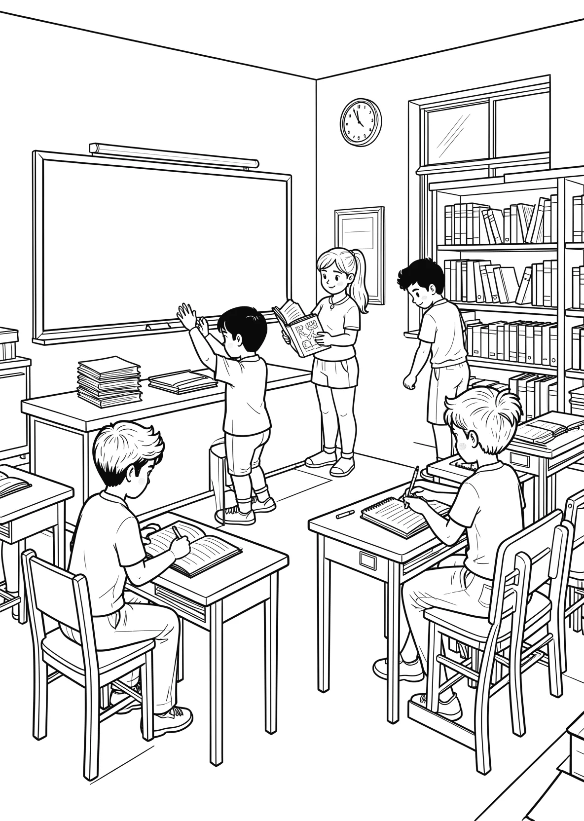 Ausmalbild Klassenzimmer mit einer Tafel an der Wand - Ausmalbild aus der Kategorie Berufe - kostenlos ausdrucken
