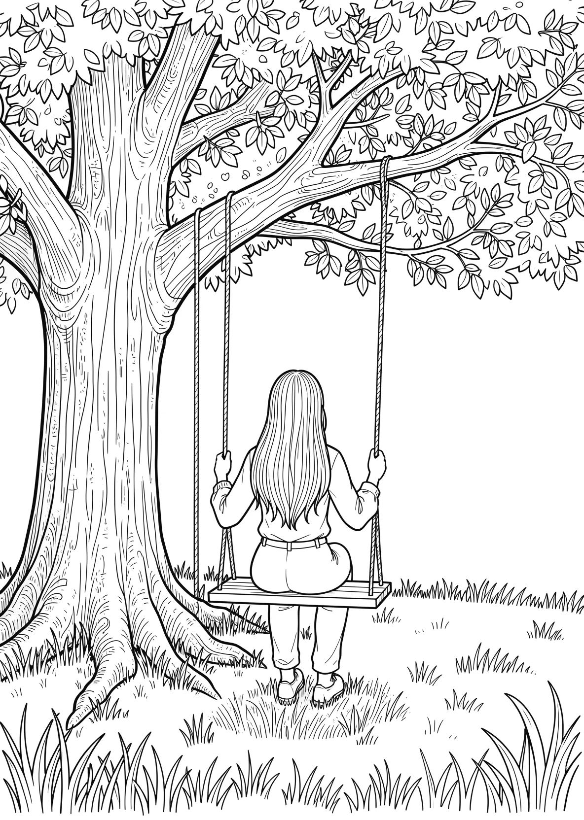 Ausmalbild Mädchen mit langen Haaren sitzt auf einer Schaukel - Ausmalbild aus der Kategorie Natur - kostenlos ausdrucken
