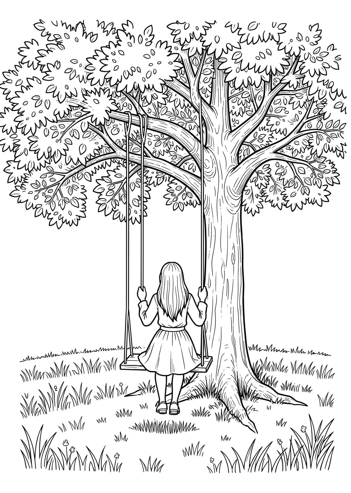 Ausmalbild Maedchen sitzt auf einer Schaukel - Ausmalbild aus der Kategorie Natur - kostenlos ausdrucken