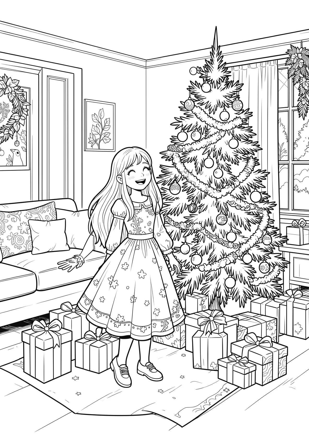 Ausmalbild Großes Wohnzimmer mit weihnachtlicher Dekoration: - Ausmalbild aus der Kategorie Feiertage - kostenlos ausdrucken