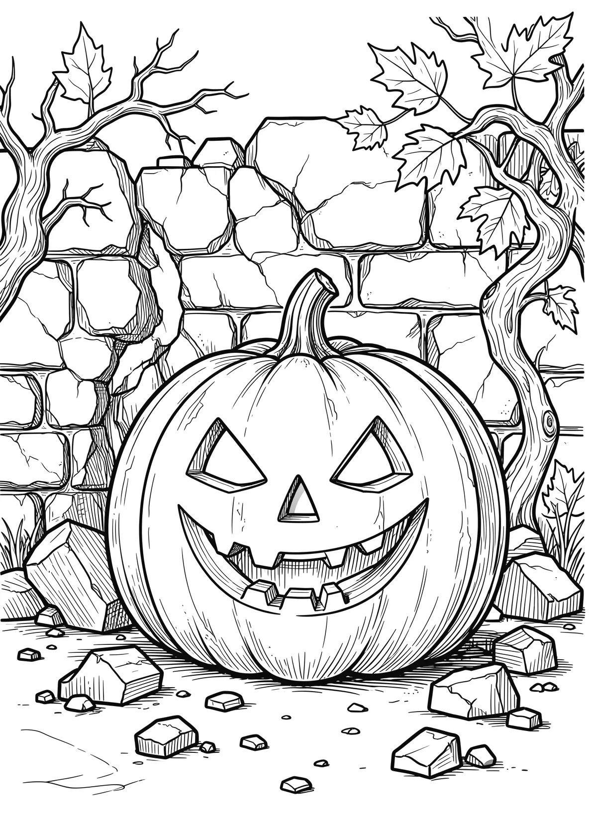Ausmalbild Großer Halloweenkürbis mit gruseligem - Ausmalbild aus der Kategorie Feiertage - kostenlos ausdrucken