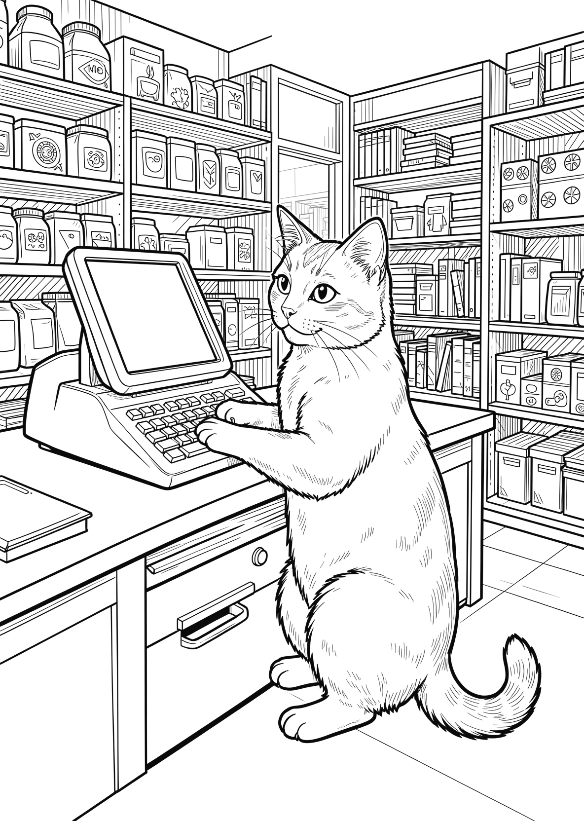 Ausmalbild Sitzende Katze steht an einer Ladenkasse - Ausmalbild aus der Kategorie Tiere - kostenlos ausdrucken