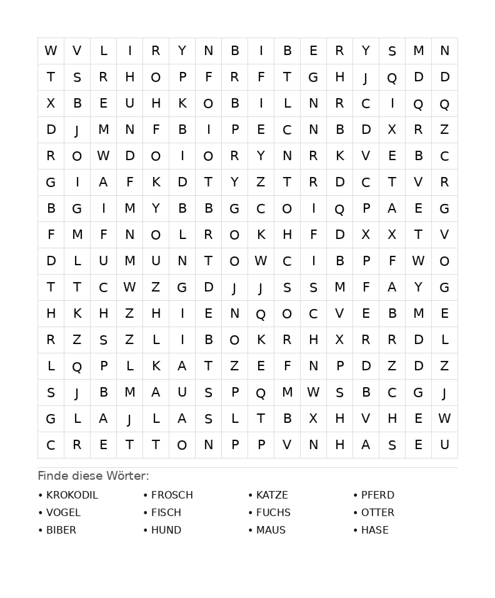 Wortsuchrätsel Wortsuchrätsel: Tiere für Teenager aus der Kategorie Wortsuchrätsel - kostenlos ausdrucken