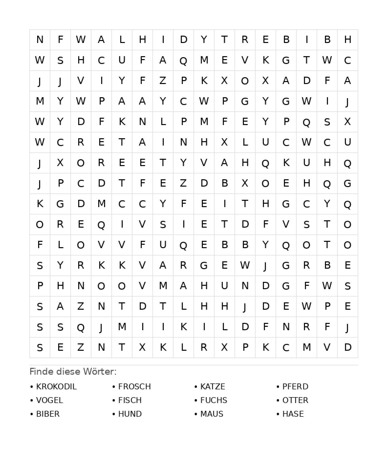 Wortsuchrätsel Wortsuchrätsel: Tiere für Teenager aus der Kategorie Wortsuchrätsel - kostenlos ausdrucken
