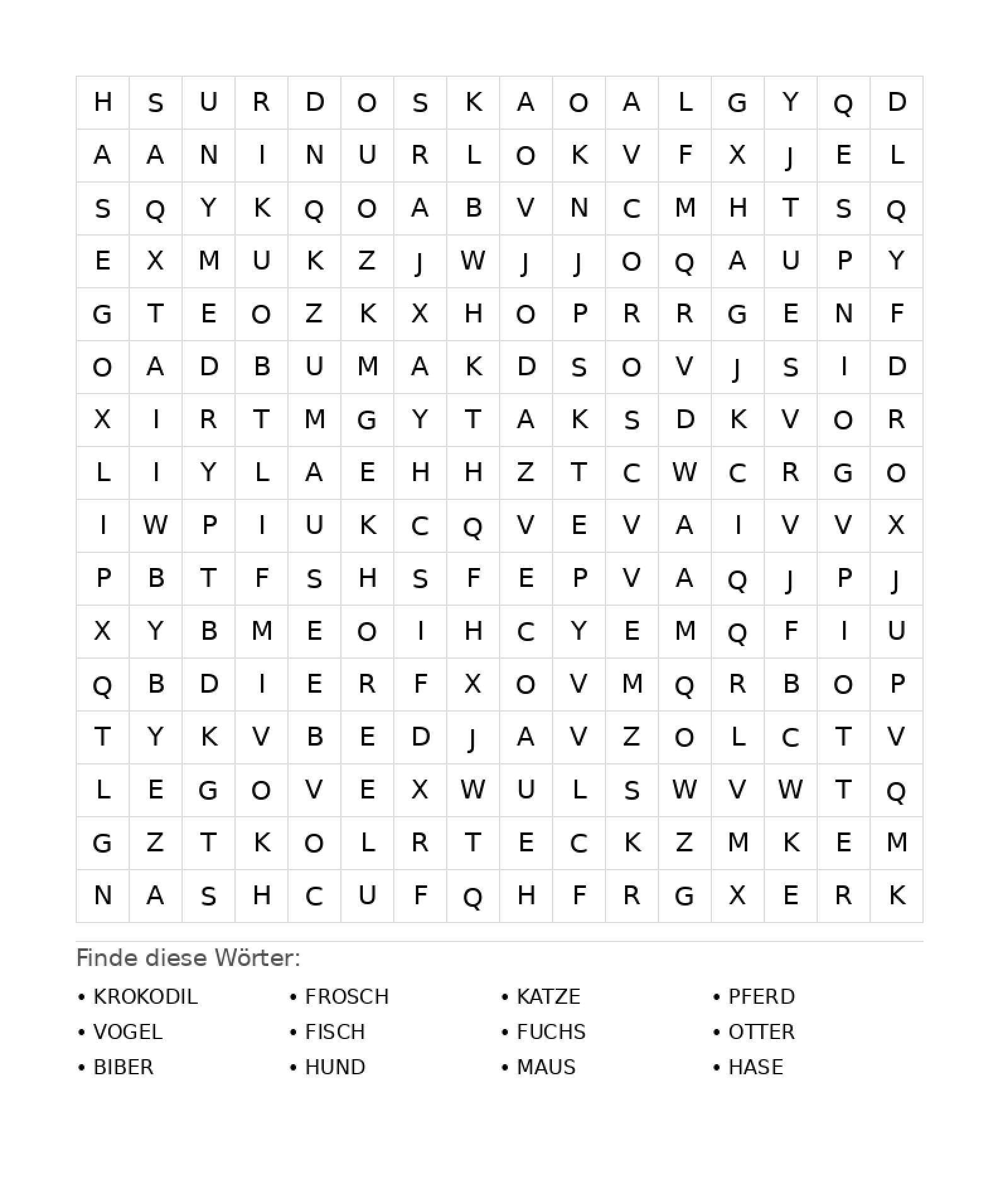 Wortsuchrätsel Wortsuchrätsel: Tiere für Teenager aus der Kategorie Wortsuchrätsel - kostenlos ausdrucken