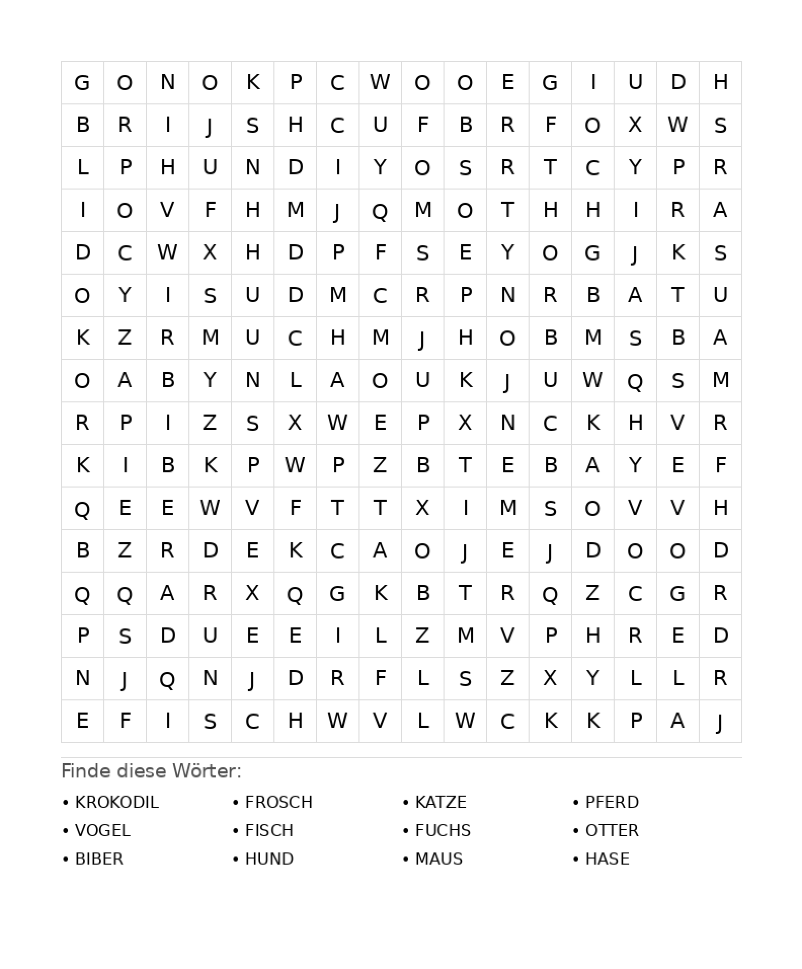 Wortsuchrätsel Wortsuchrätsel: Tiere für Teenager aus der Kategorie Wortsuchrätsel - kostenlos ausdrucken