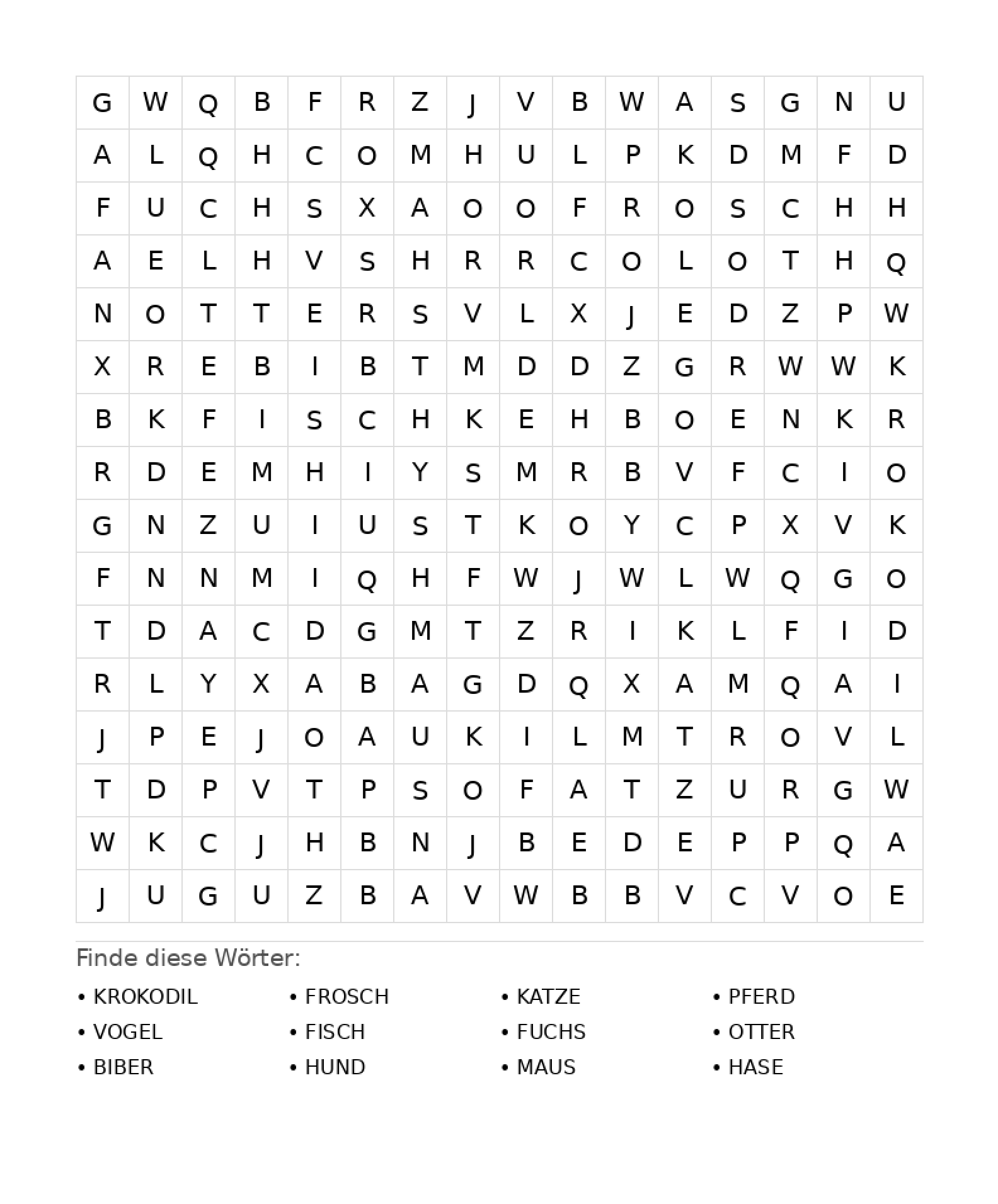 Wortsuchrätsel Wortsuchrätsel: Tiere für Teenager aus der Kategorie Wortsuchrätsel - kostenlos ausdrucken