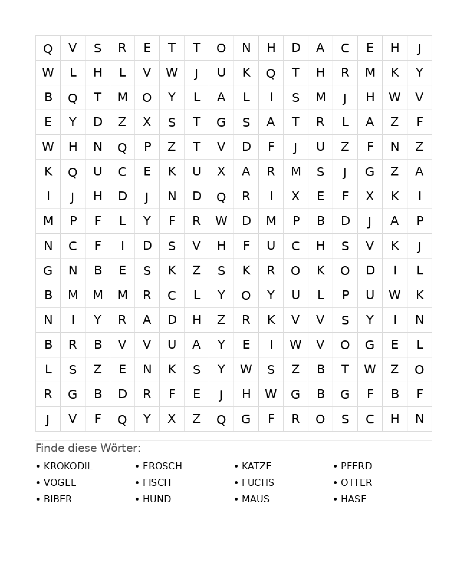 Wortsuchrätsel Wortsuchrätsel: Tiere für Teenager aus der Kategorie Wortsuchrätsel - kostenlos ausdrucken