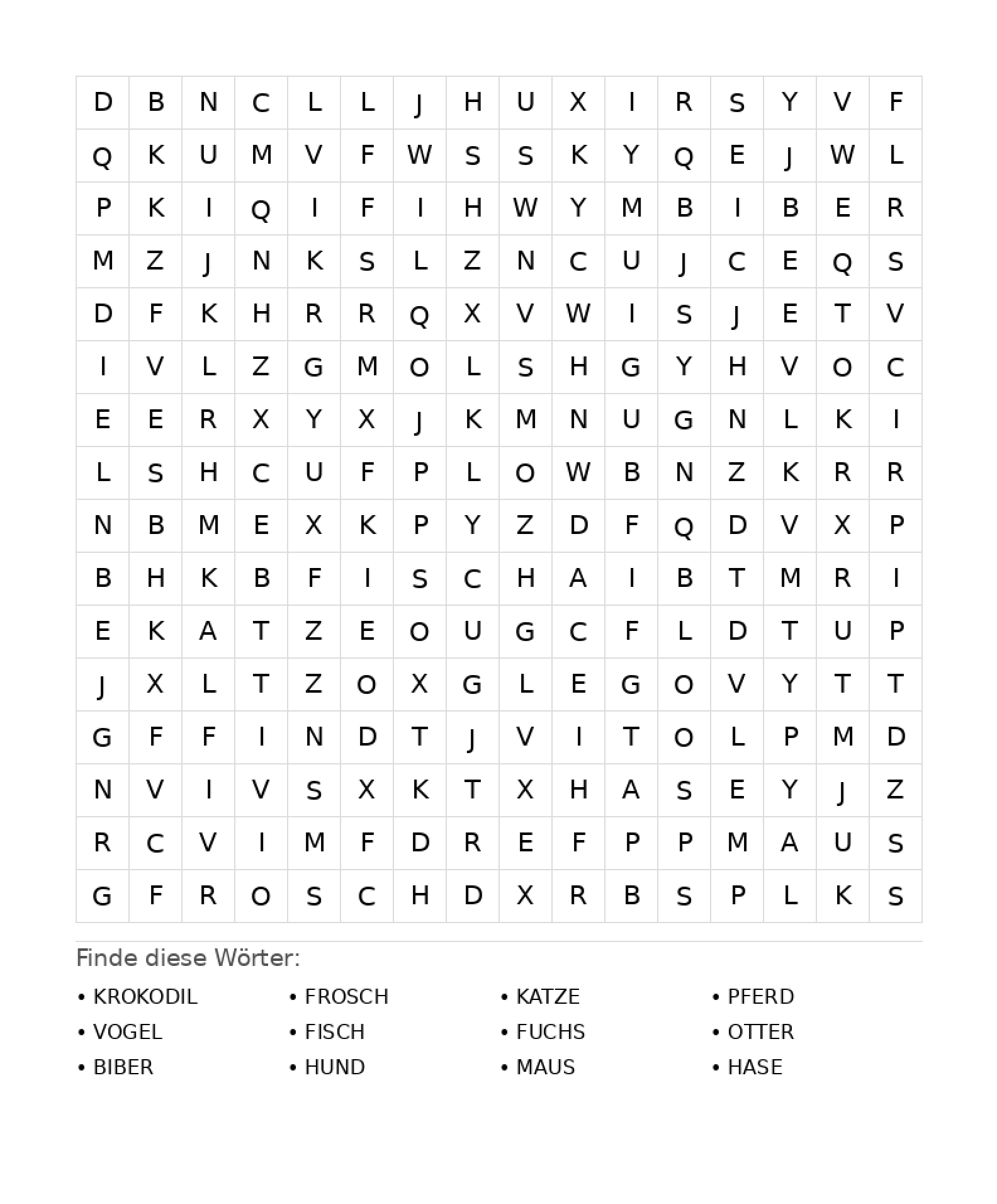 Wortsuchrätsel Wortsuchrätsel: Tiere für Teenager aus der Kategorie Wortsuchrätsel - kostenlos ausdrucken